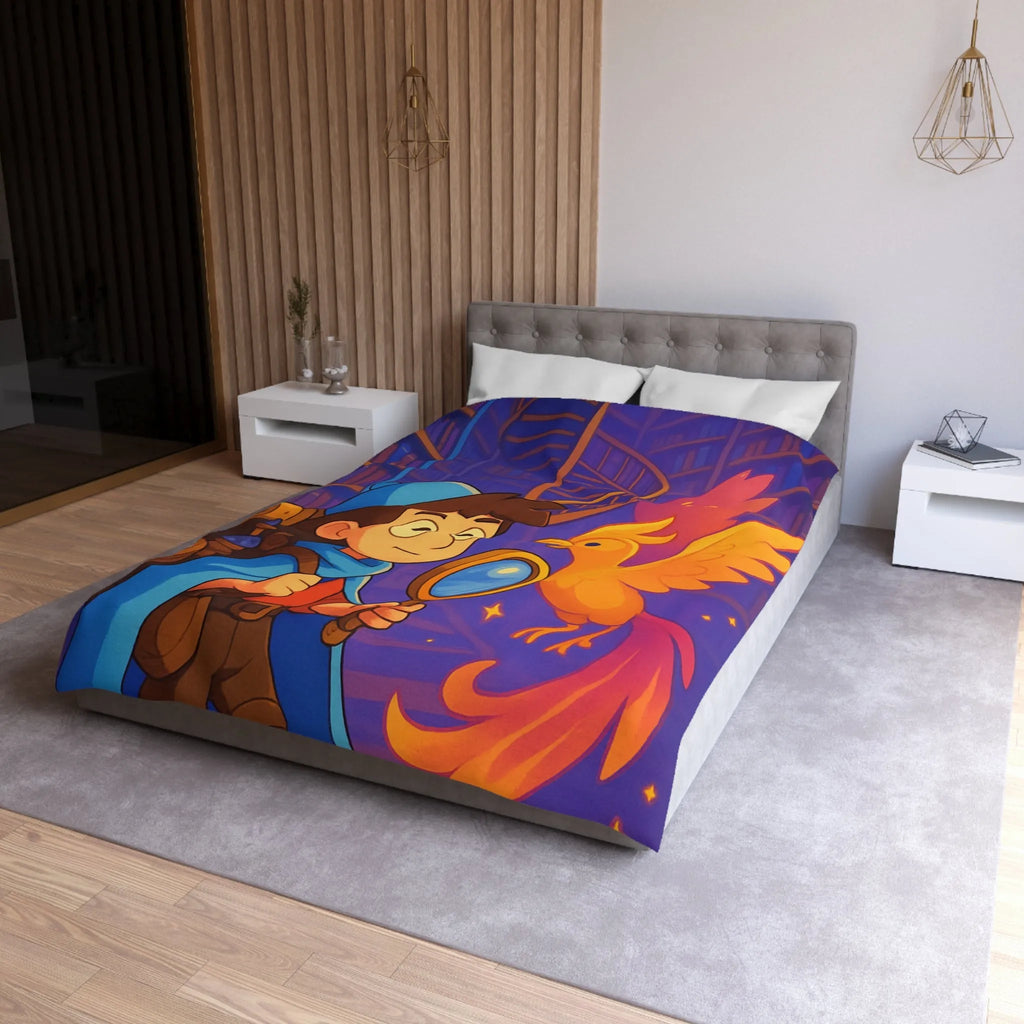 Housse de couette magique avec détective et phénix dans une bibliothèque enchanteresse