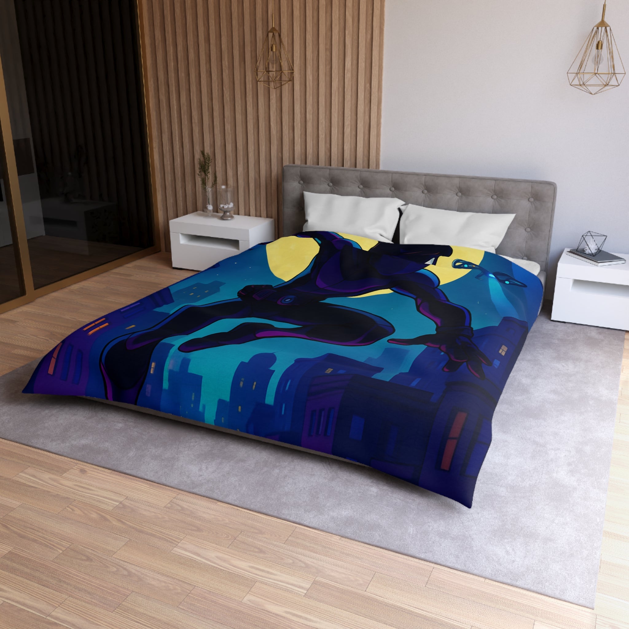 Housse de couette super-héros noir sautant devant une pleine lune et des drones urbains