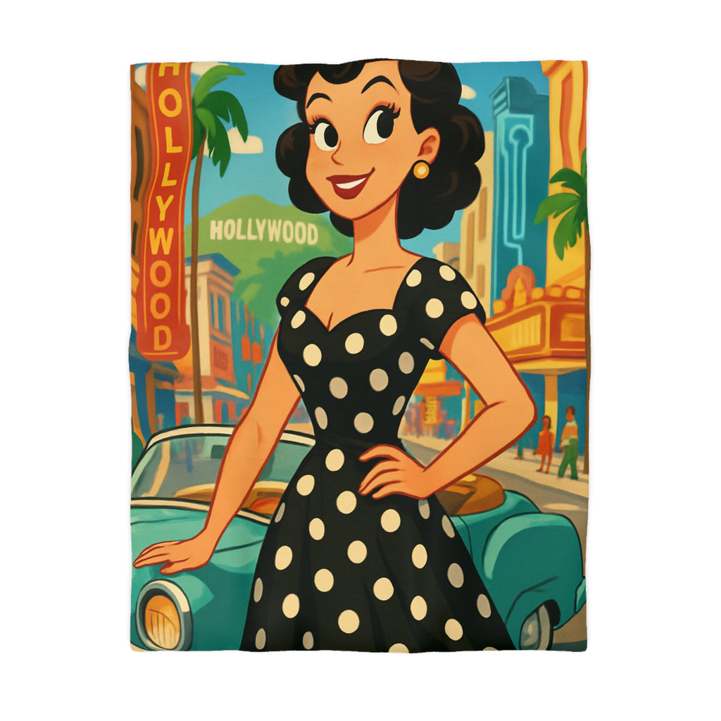 Housse de couette rétro Hollywood années 50 avec motifs de voitures vintage et palmiers