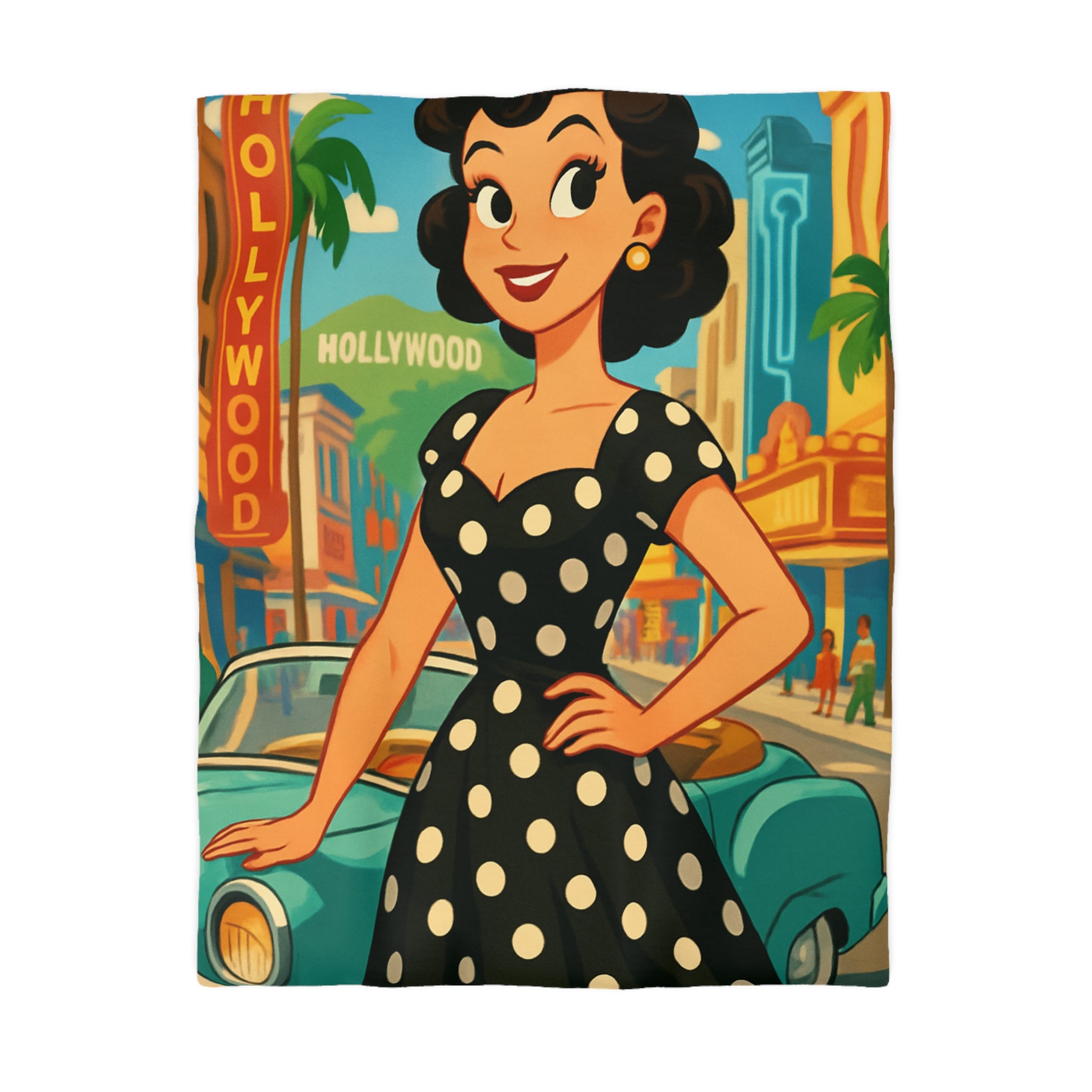 Housse de couette rétro Hollywood années 50 avec motifs de voitures vintage et palmiers