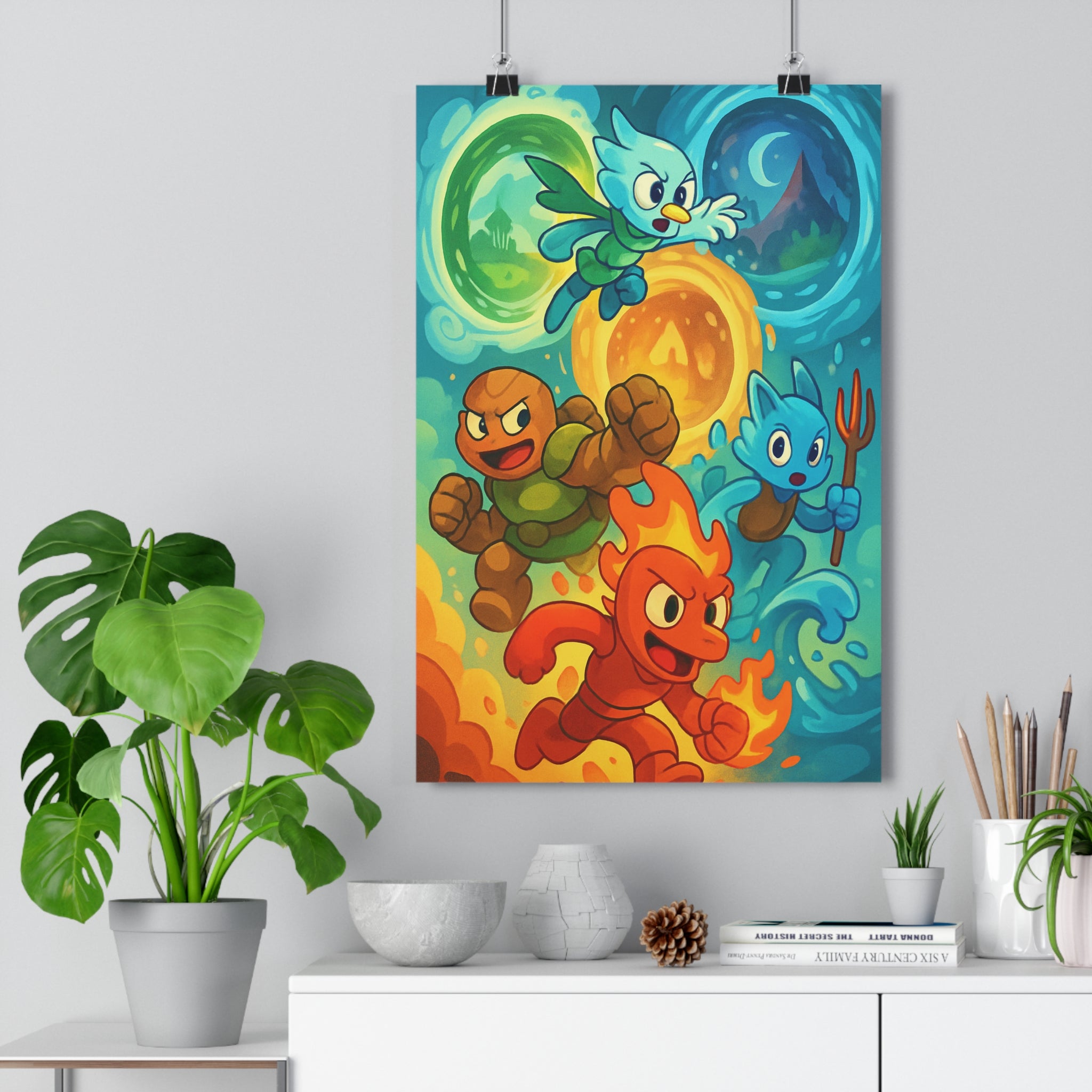 Poster décoratif animé créatures colorées feu vert bleu mystique aventure chambre enfant magique vibrant