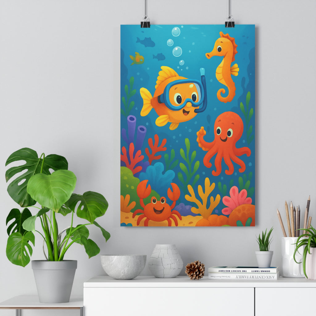 Poster décoratif joyeux chambre enfant bleu orange vert cartoon poisson masque plongée océan vibrant