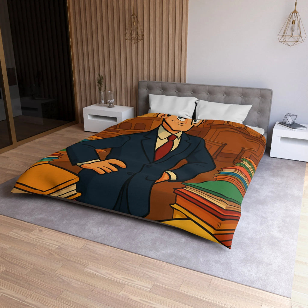 Élégante housse de couette rétro, piles de dossiers colorés, personnage confiant et distingué