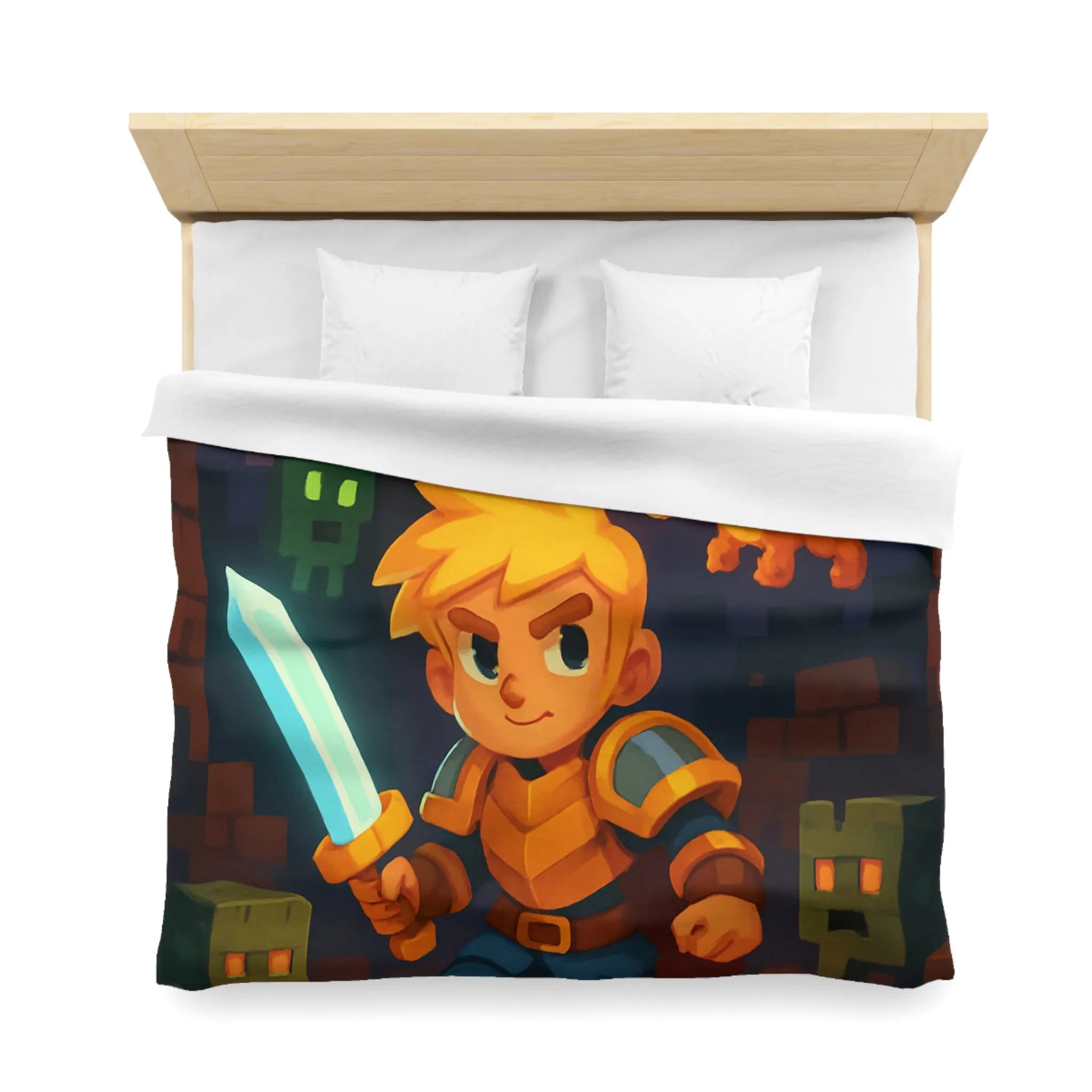 Housse de couette aventure épique avec guerrier, dragon, créatures et volcan en arrière-plan