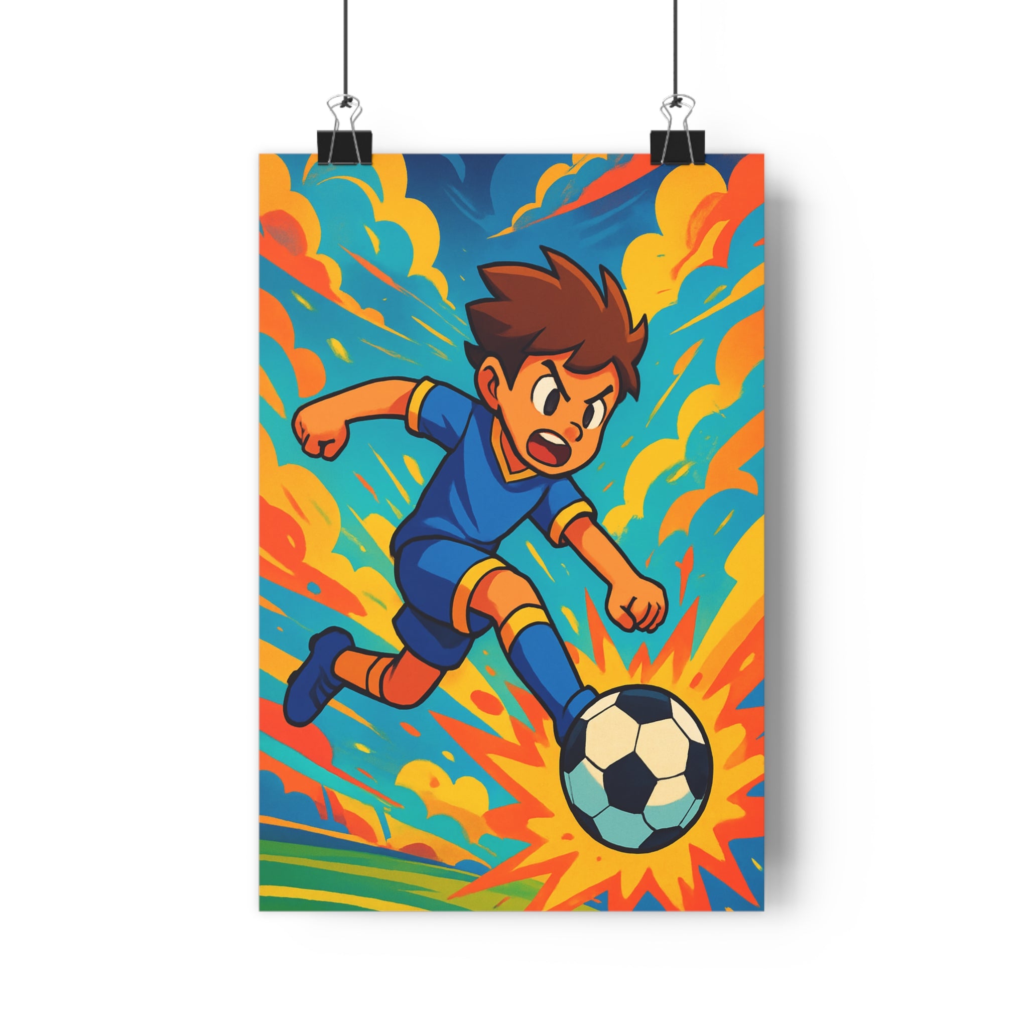 Poster décoratif abstrait football cartoon bleu jaune enfant dynamique moderne chambre 30x46 vibrant action