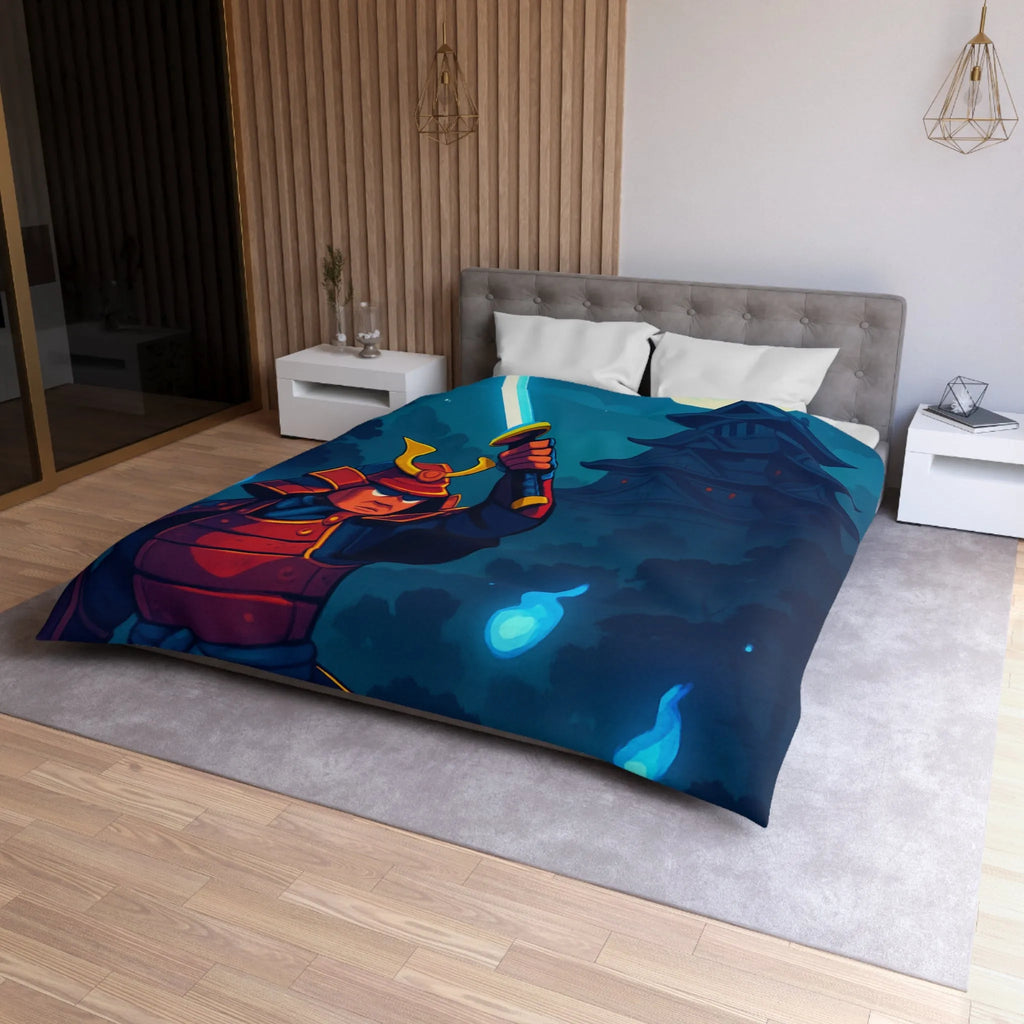 Housse de couette épique samouraï sous lune avec château en arrière-plan mystique