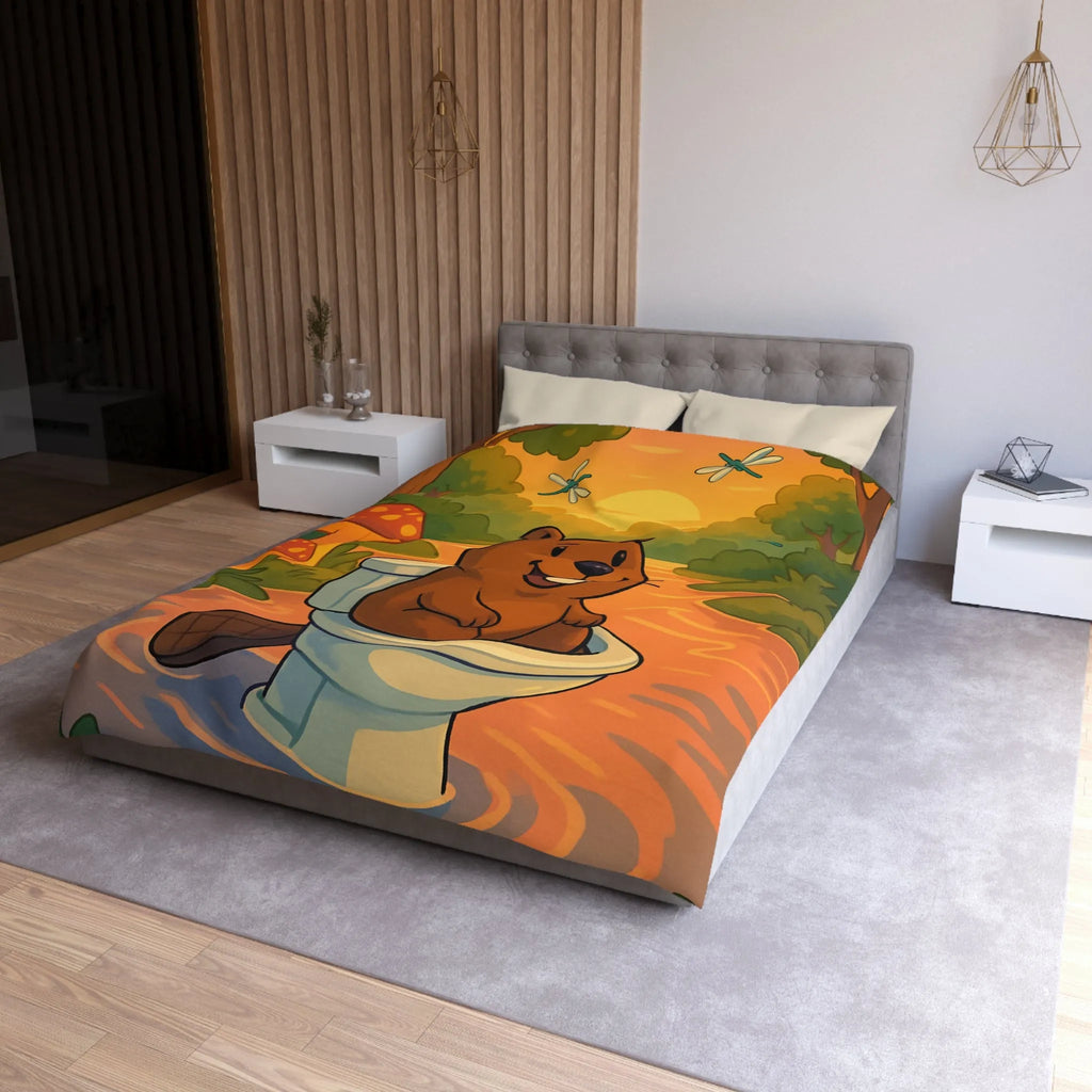 Housse de Couette Enfant Animée avec Castor Amusant et Paysage de Forêt Enchantée