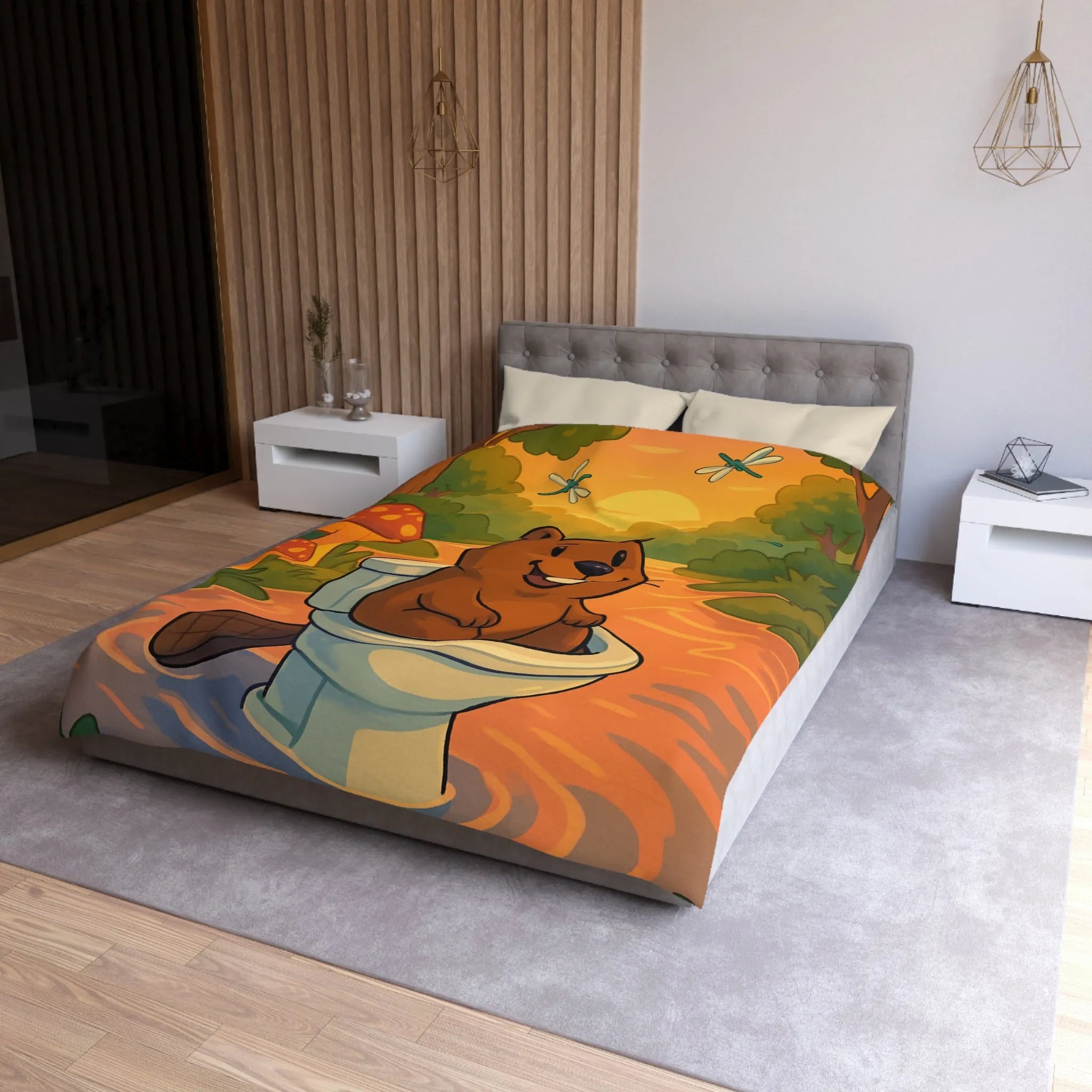 Housse de Couette Enfant Animée avec Castor Amusant et Paysage de Forêt Enchantée