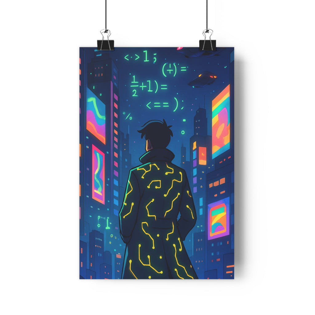 Poster décoratif futuriste urbain néon bleu rose orange mystérieux technologie salon chambre moderne dynamique