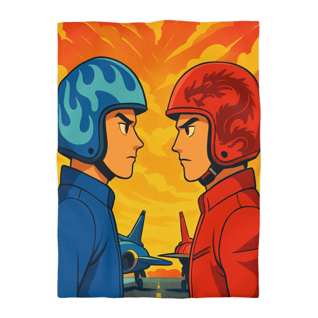 Housse de couette colorée avec deux pilotes et jets sur fond flamboyant