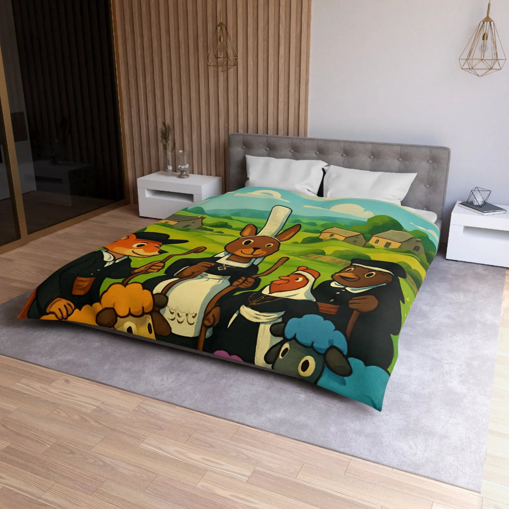 Housse de couette colorée avec animaux de ferme habillés dans un paysage champêtre