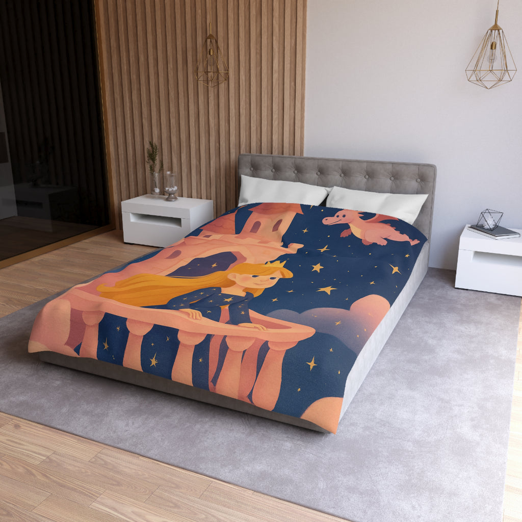 Housse de couette princesse rêveuse château et dragon volant étoiles scintillantes nuit