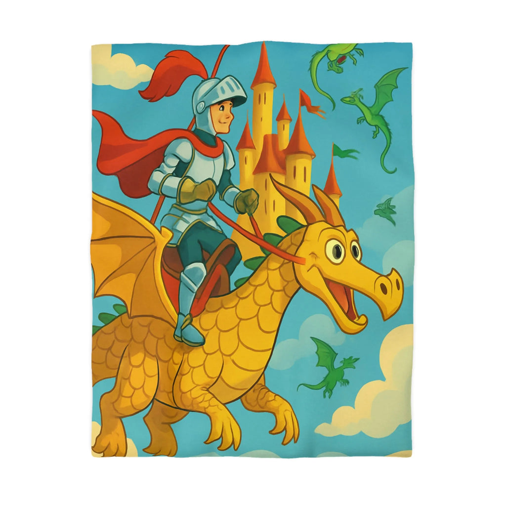 Housse de couette avec chevalier courageux chevauchant un dragon doré au-dessus château fantastique