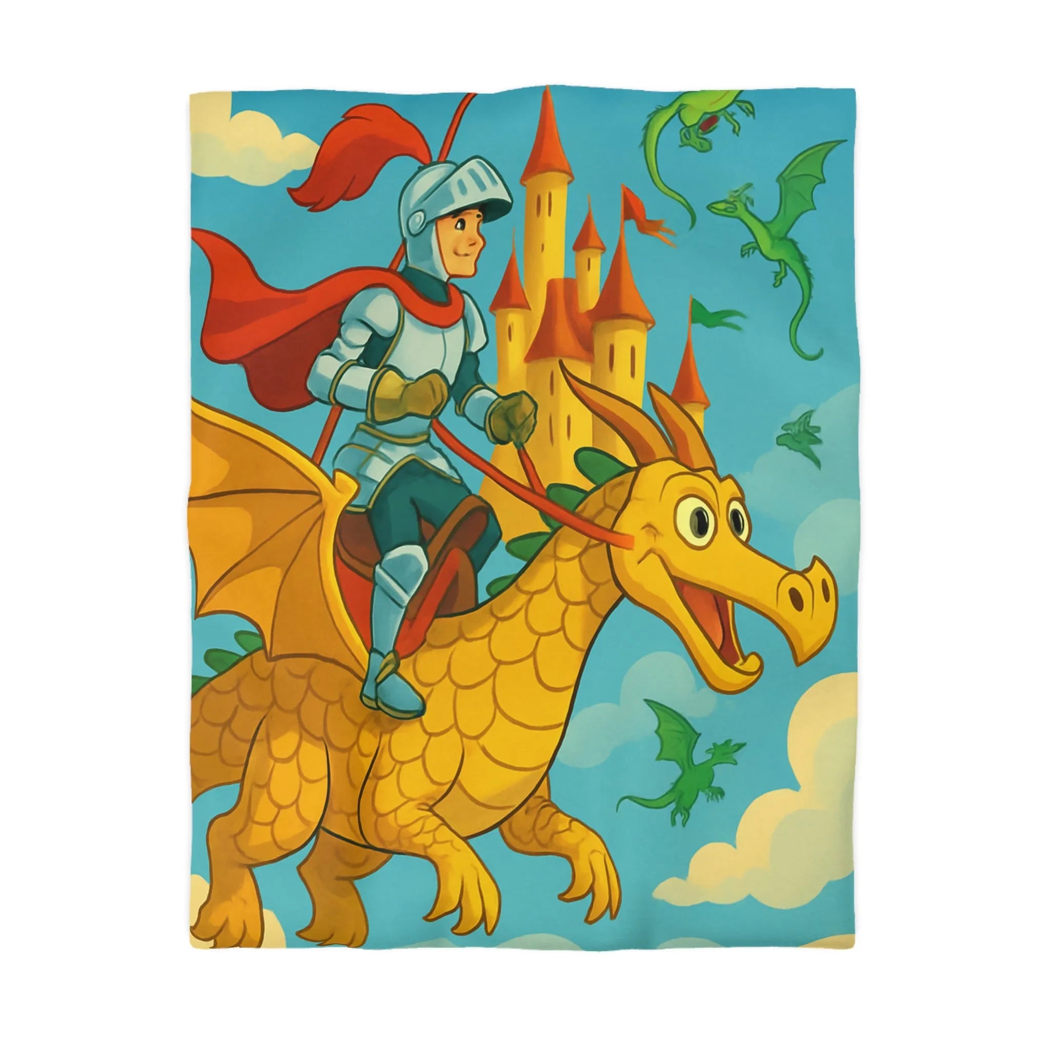 Housse de couette avec chevalier courageux chevauchant un dragon doré au-dessus château fantastique
