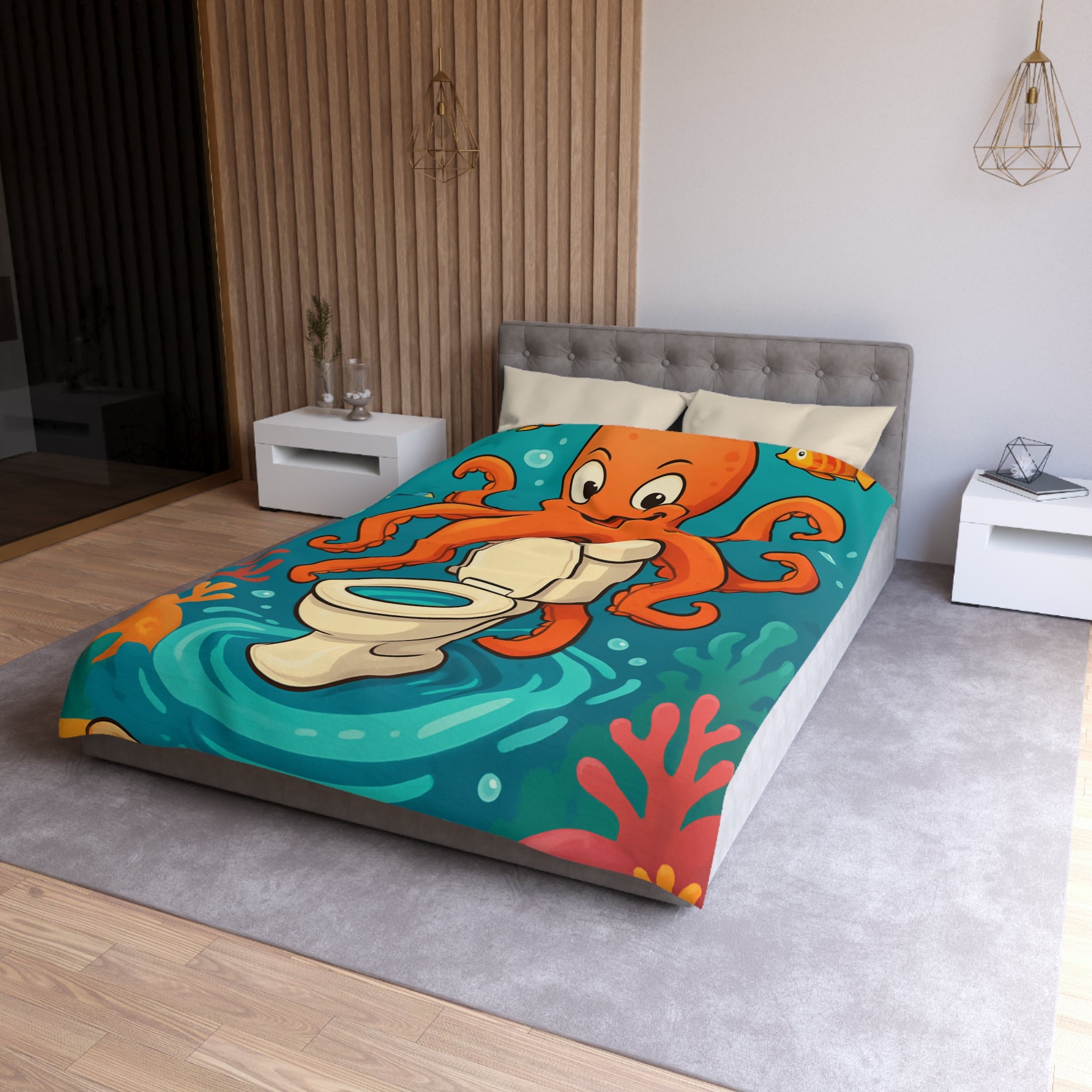 Housse de Couette Thème Marin avec Poulpe Joyeux et WC Tourbillonnant