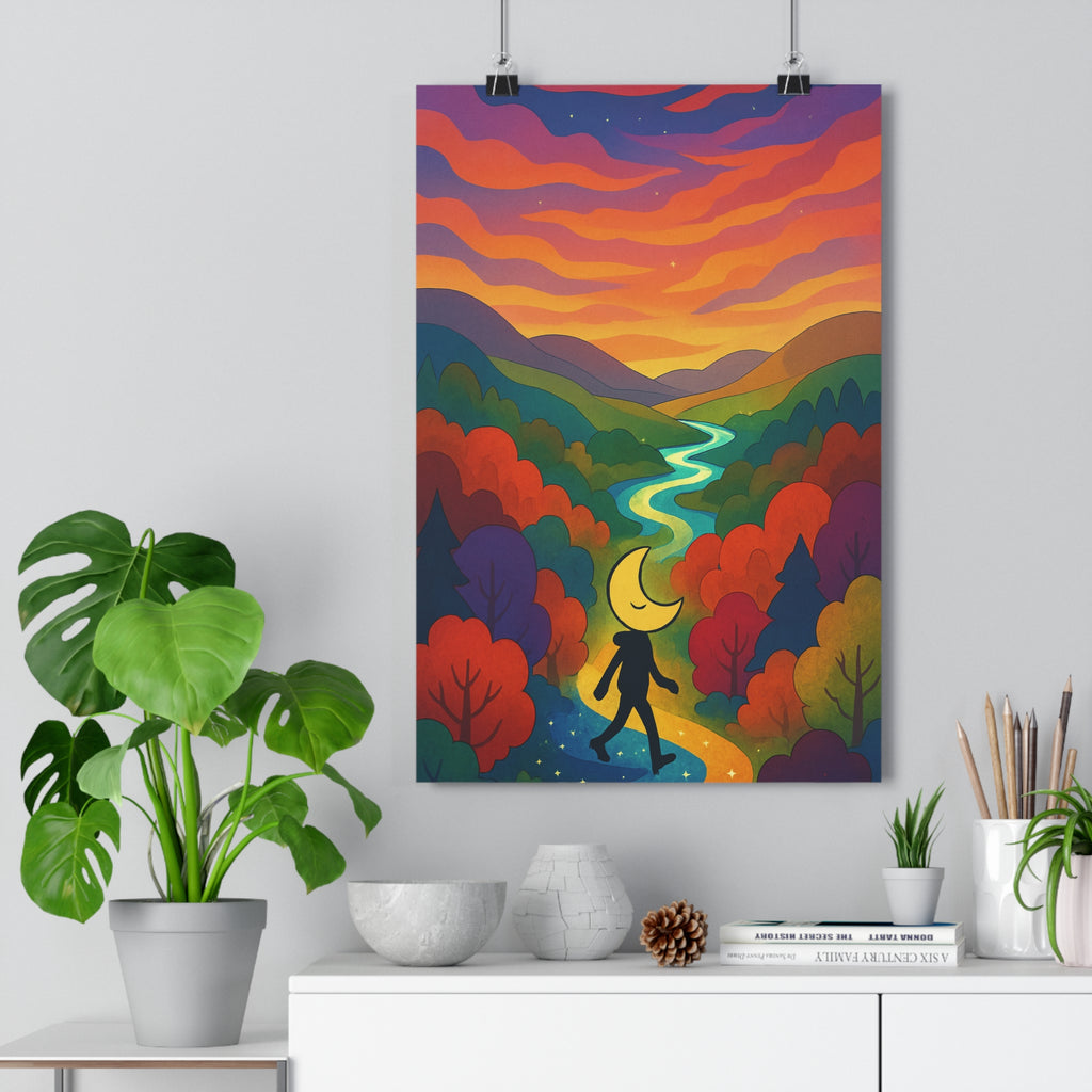 Poster décoratif fantaisie croissant lune étoilé forêt rouge orange violet salon magique qualité premium