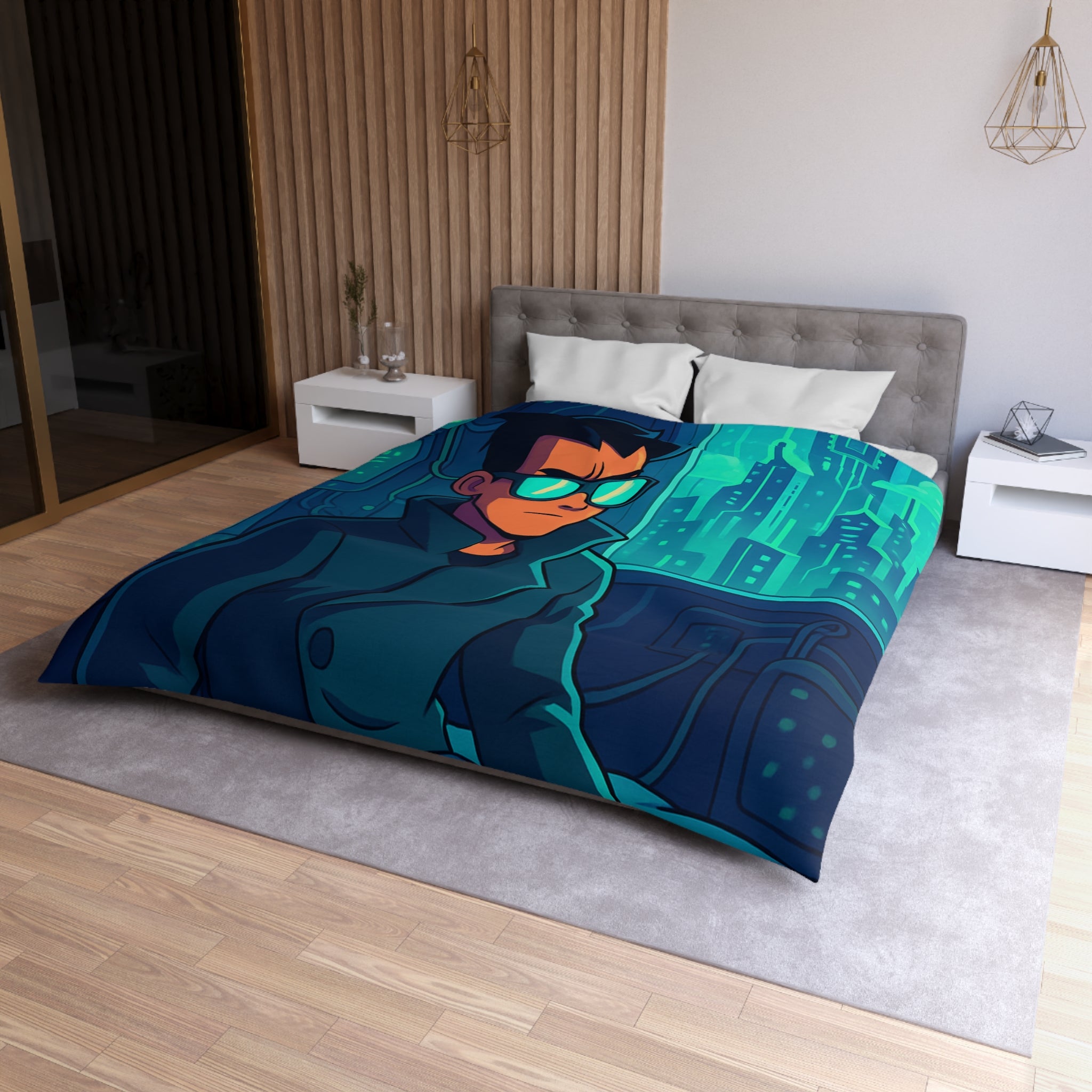 Housse de couette urbaine homme élégant en manteau dans appartement futuriste avec écran