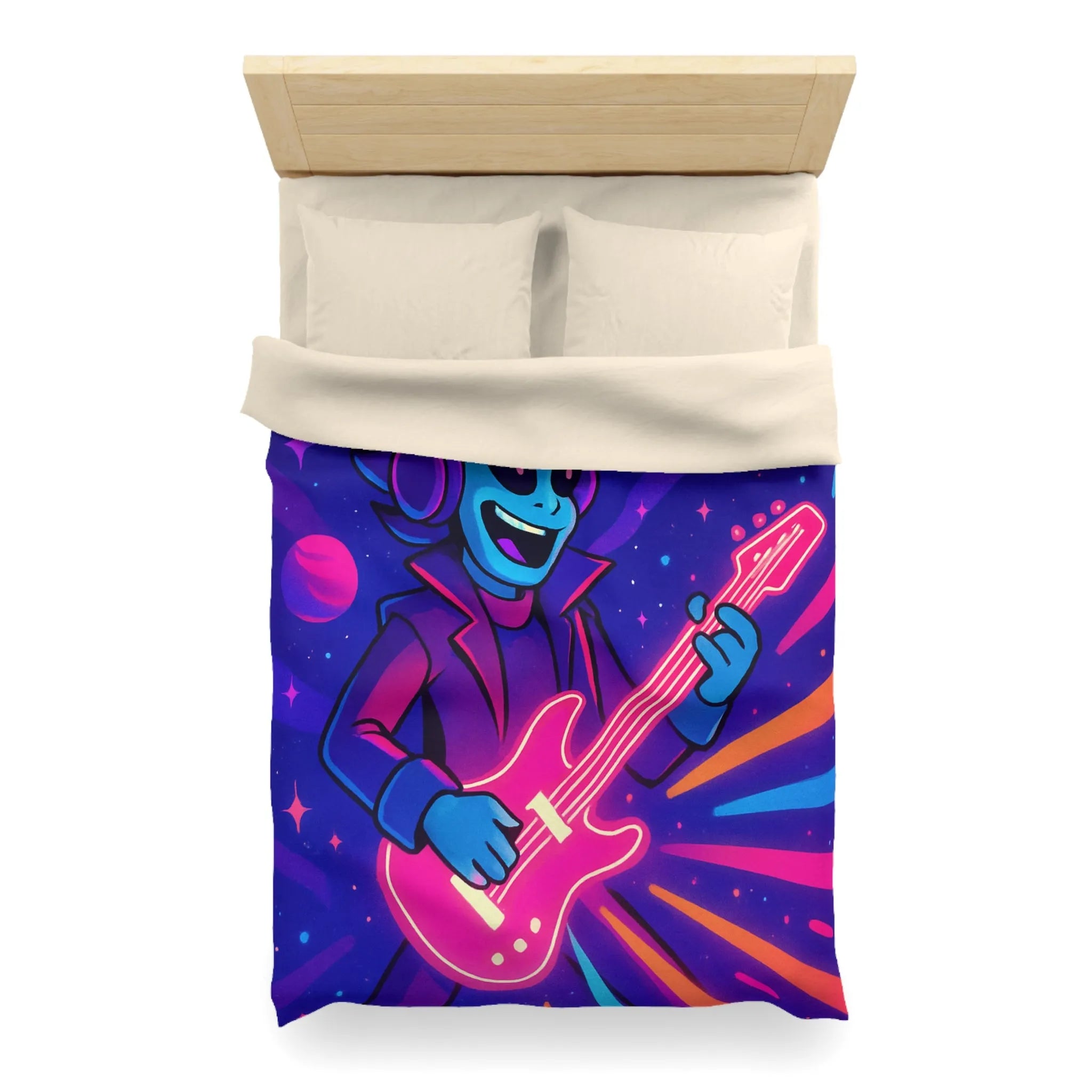 Housse de Couette Galactique avec Musicien Alien et Planètes Multicolores en Néon Vibrant