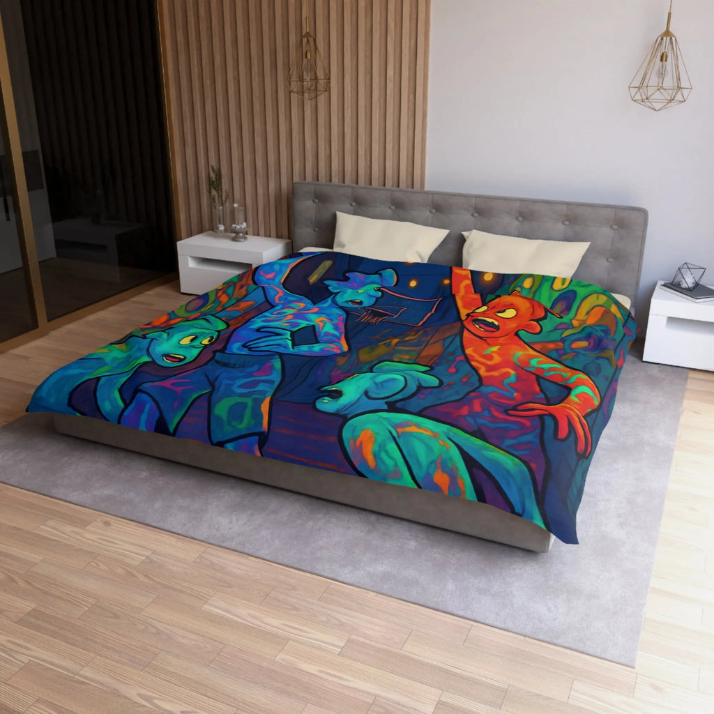 Housse de couette colorée avec personnages abstraits jouant au basket la nuit