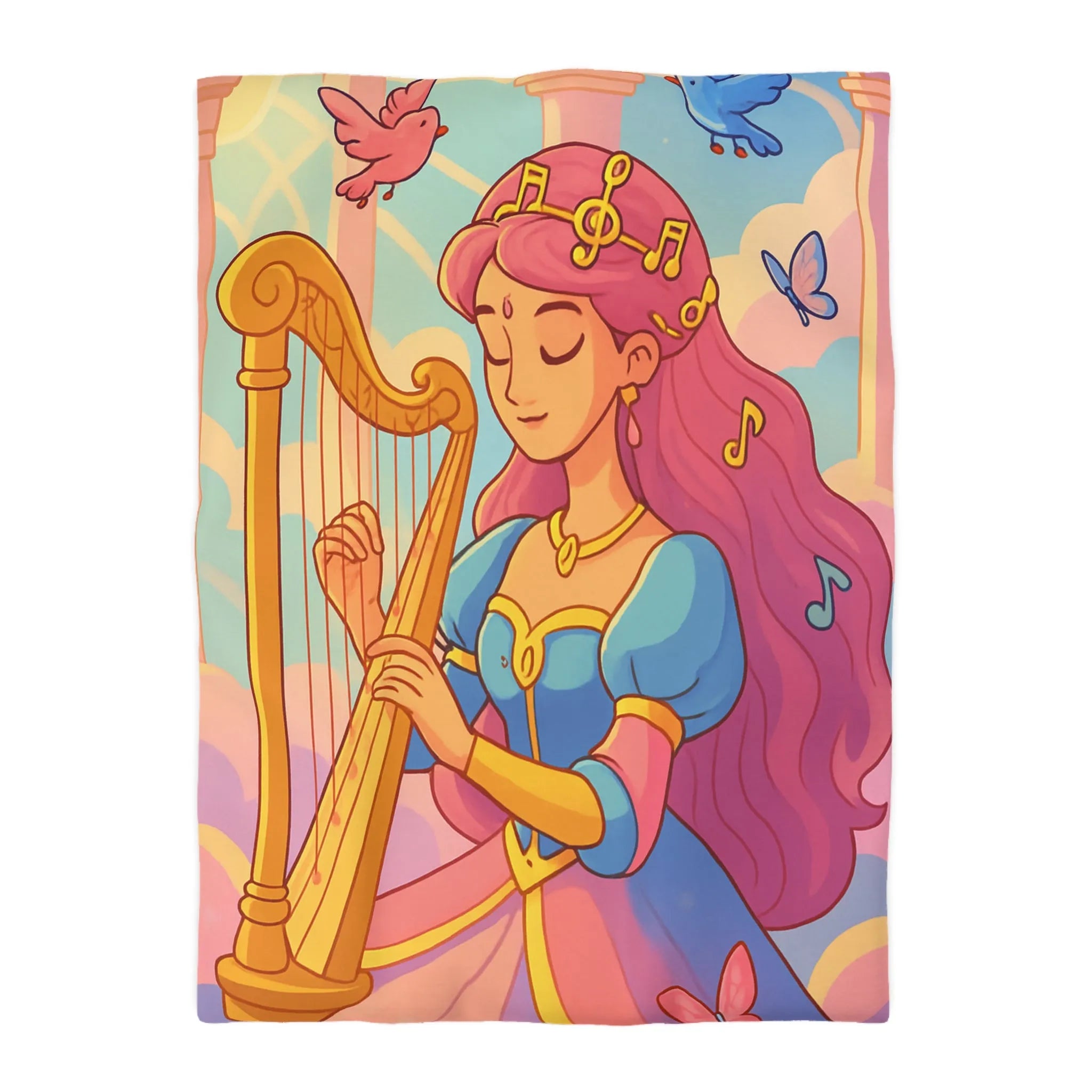 Housse de Couette Magique Princesse Jouant Harpe avec Oiseaux et Papillons Colorés