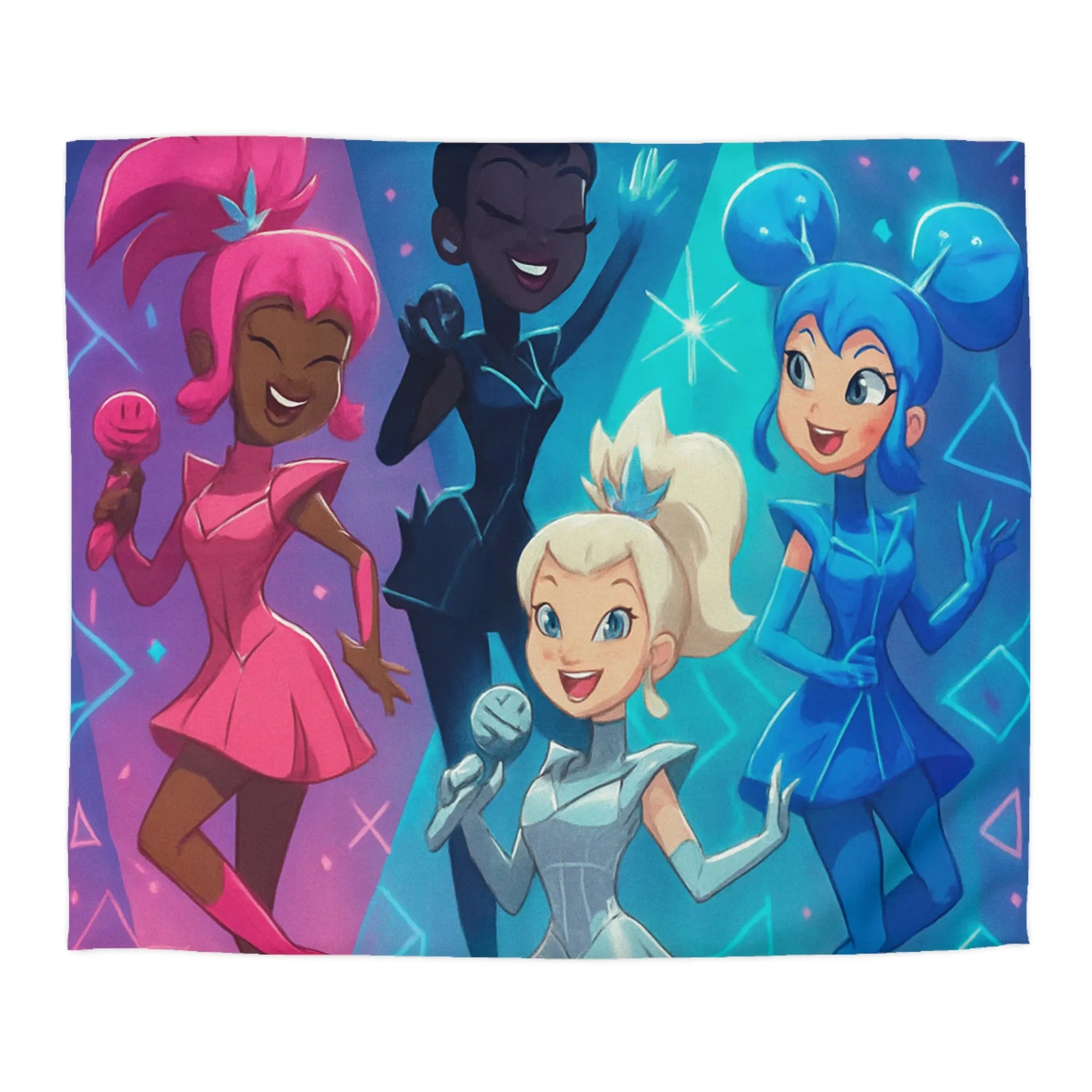 Housse de couette colorée avec personnages chantants et motifs géométriques lumineux