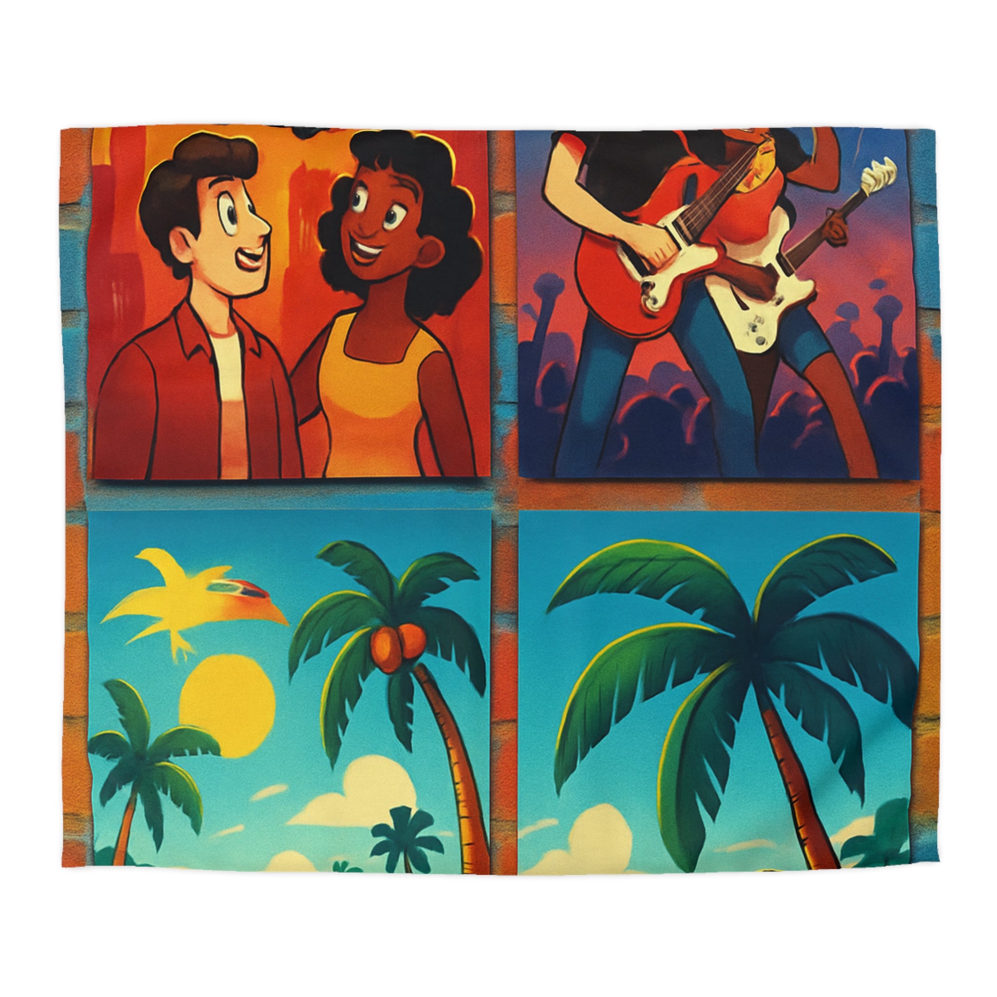 Vivid Tropical Scene with Cars, Fireworks, and Joyful Festivities for Colorful Bedroom Decor