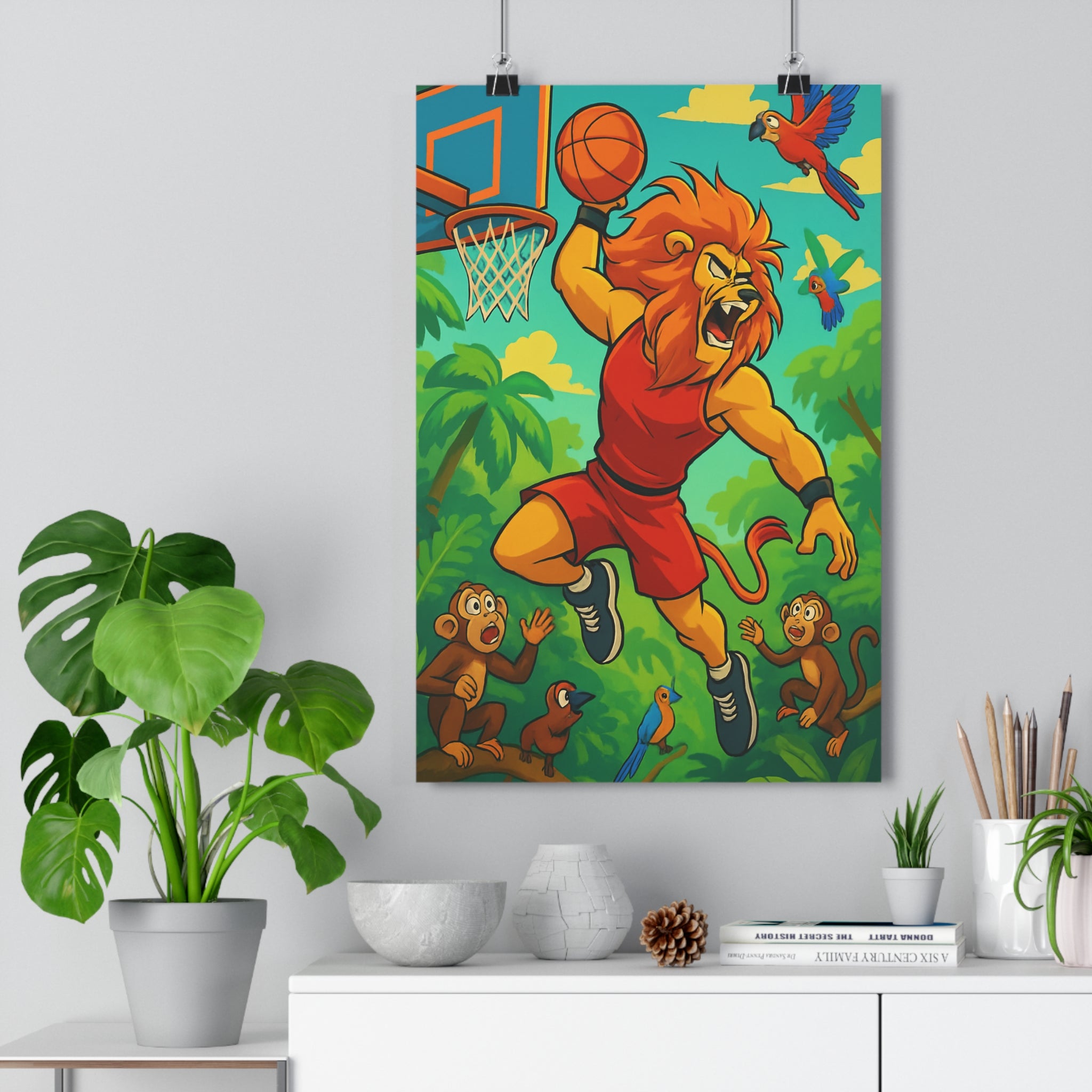 Poster décoratif lion cartoon jungle vert rouge bleu chambre enfant joyeux dynamique 30x46 cm