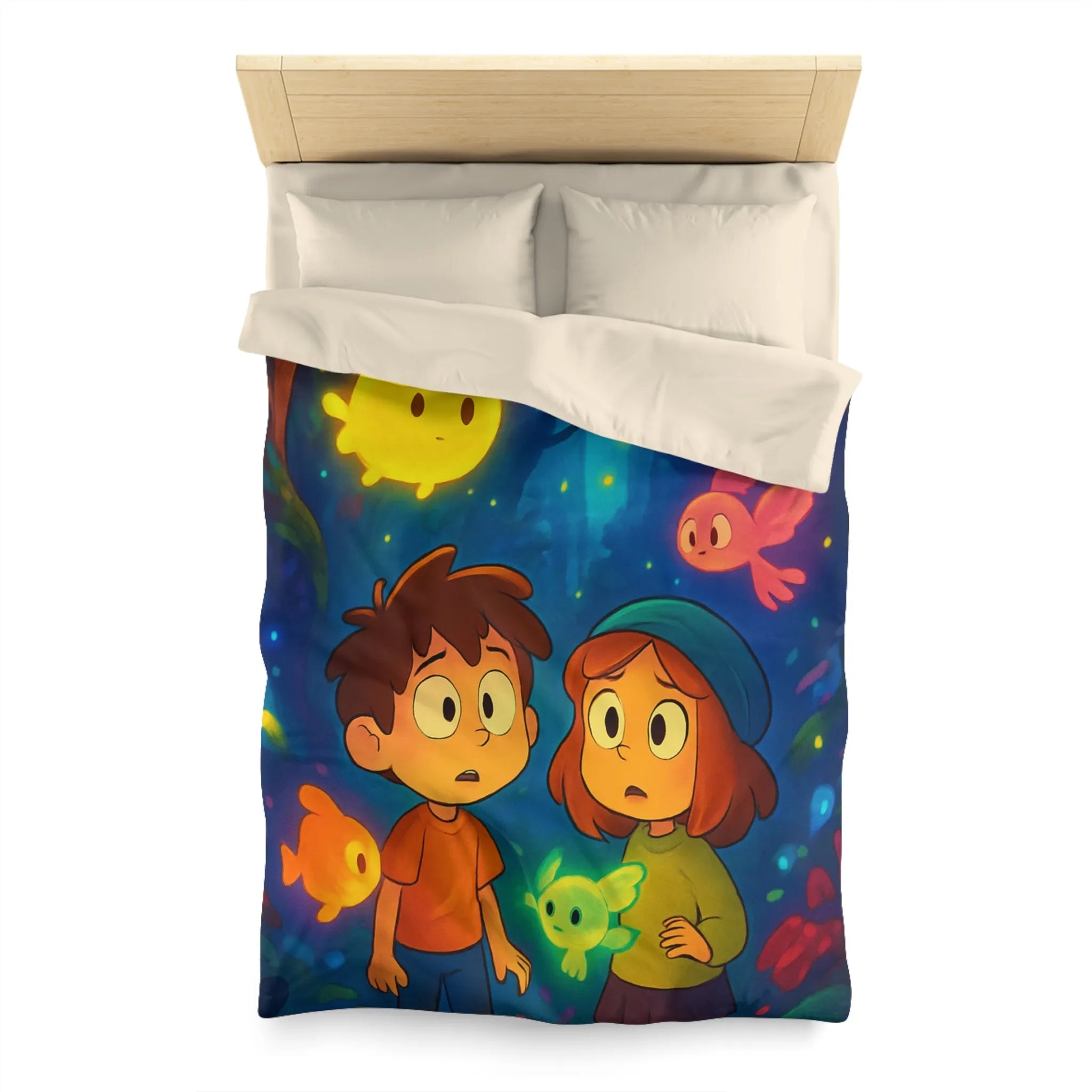Housse de Couette Enfant Fantaisie avec Créatures Lumineuses dans Forêt Mystérieuse et Enchantée