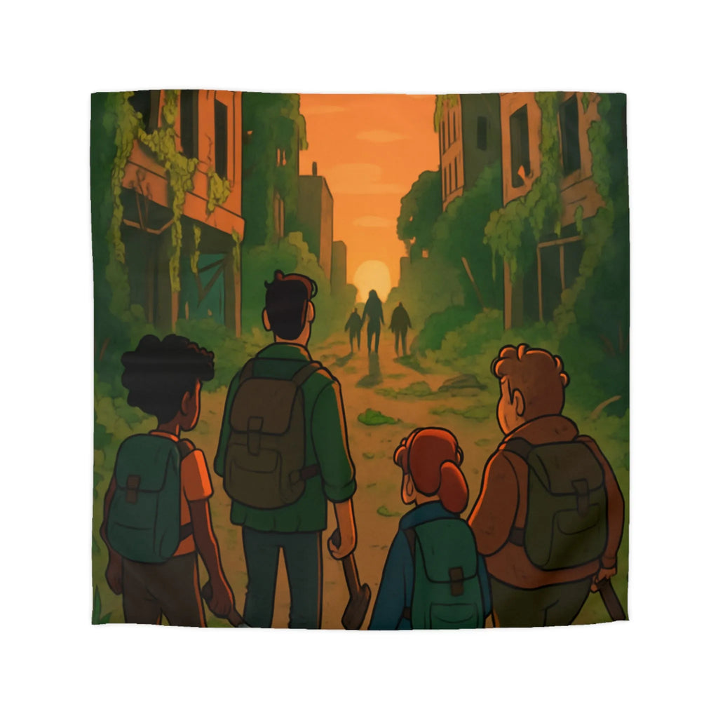 Housse de couette aventure urbaine animée, ambiance apocalyptique au coucher du soleil