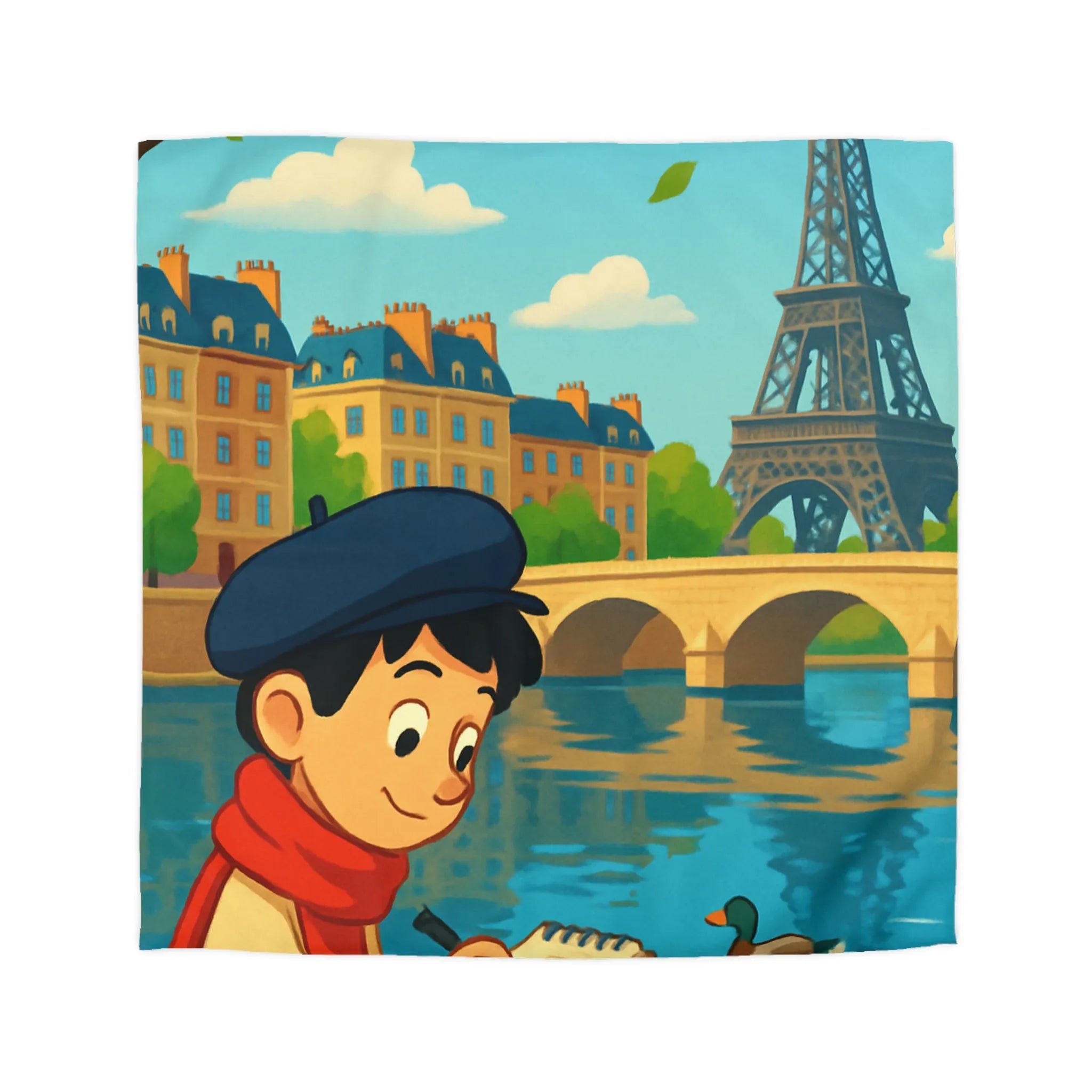 Housse de Couette Artistique Parisienne avec Enfant et Tour Eiffel au Printemps