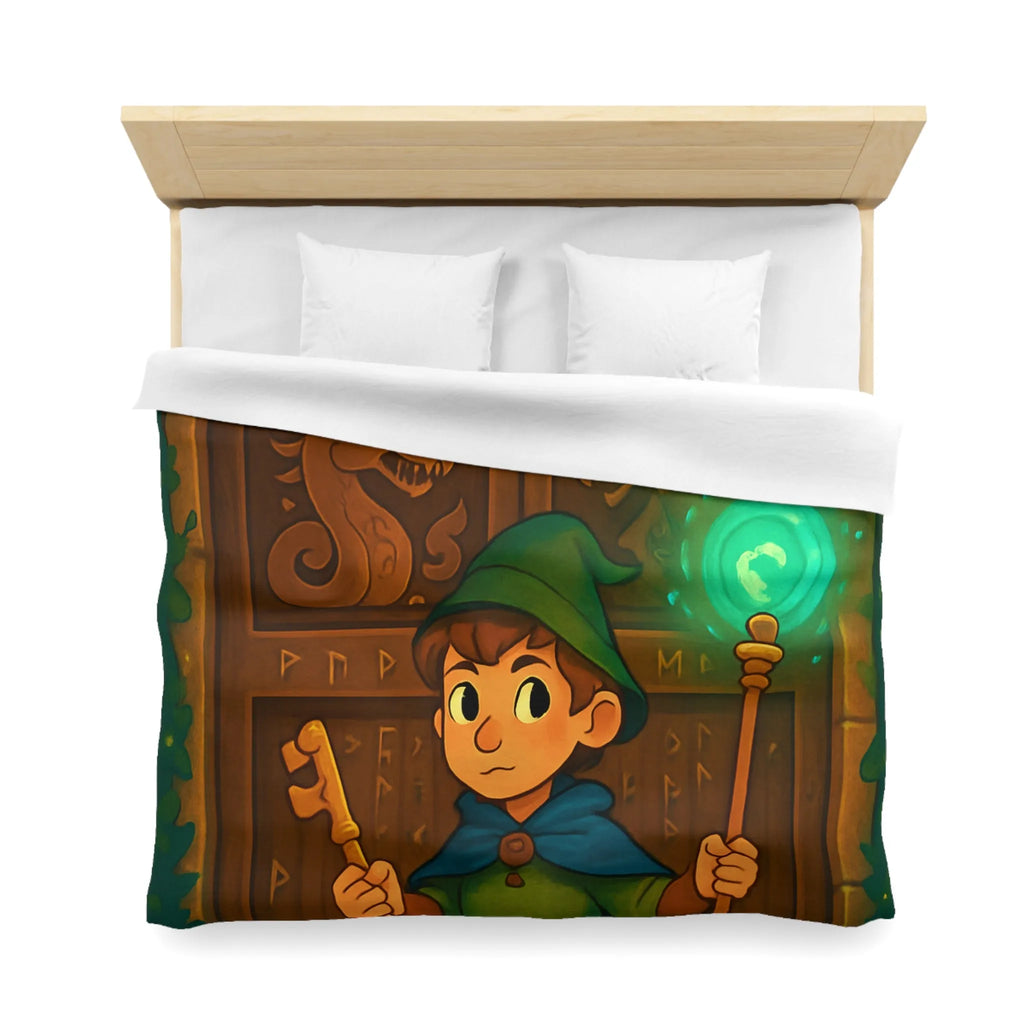 Housse de couette avec illustration enchantée de sorcier devant porte mystérieuse boisée