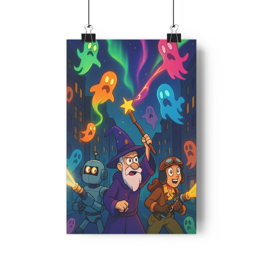 Poster décoratif vibrant magicien robot aventurier fantômes colorés rétro cyberfantasy nocturne salon qualité mystique