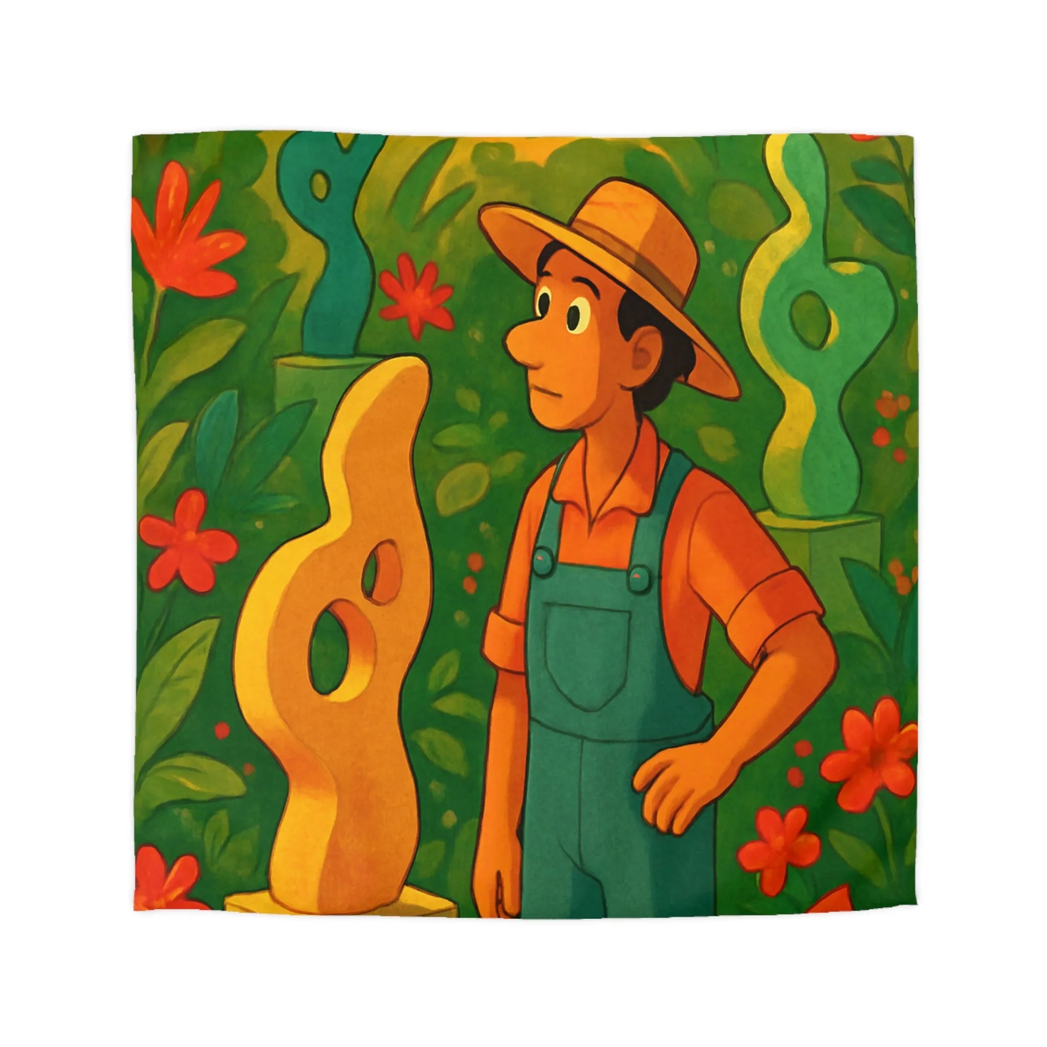 Housse de couette jardin vibrant avec sculptures et fleurs tropicales ambiance artistique