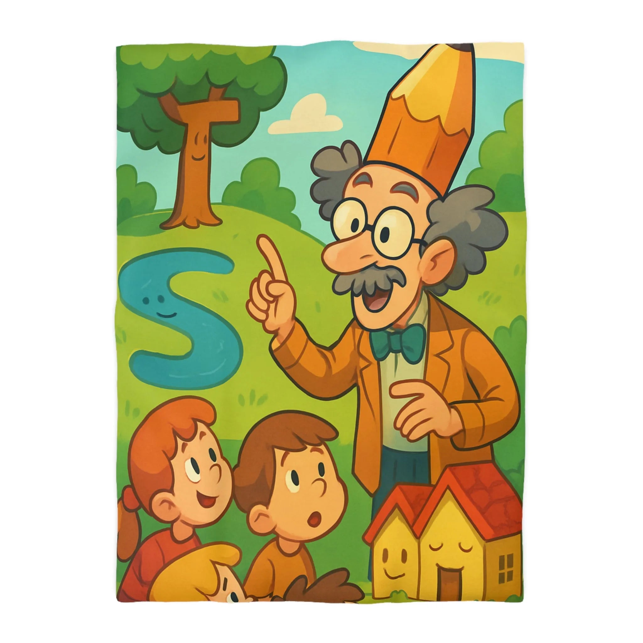 Housse de couette colorée avec un professeur et enfants dans un paysage enchanteur