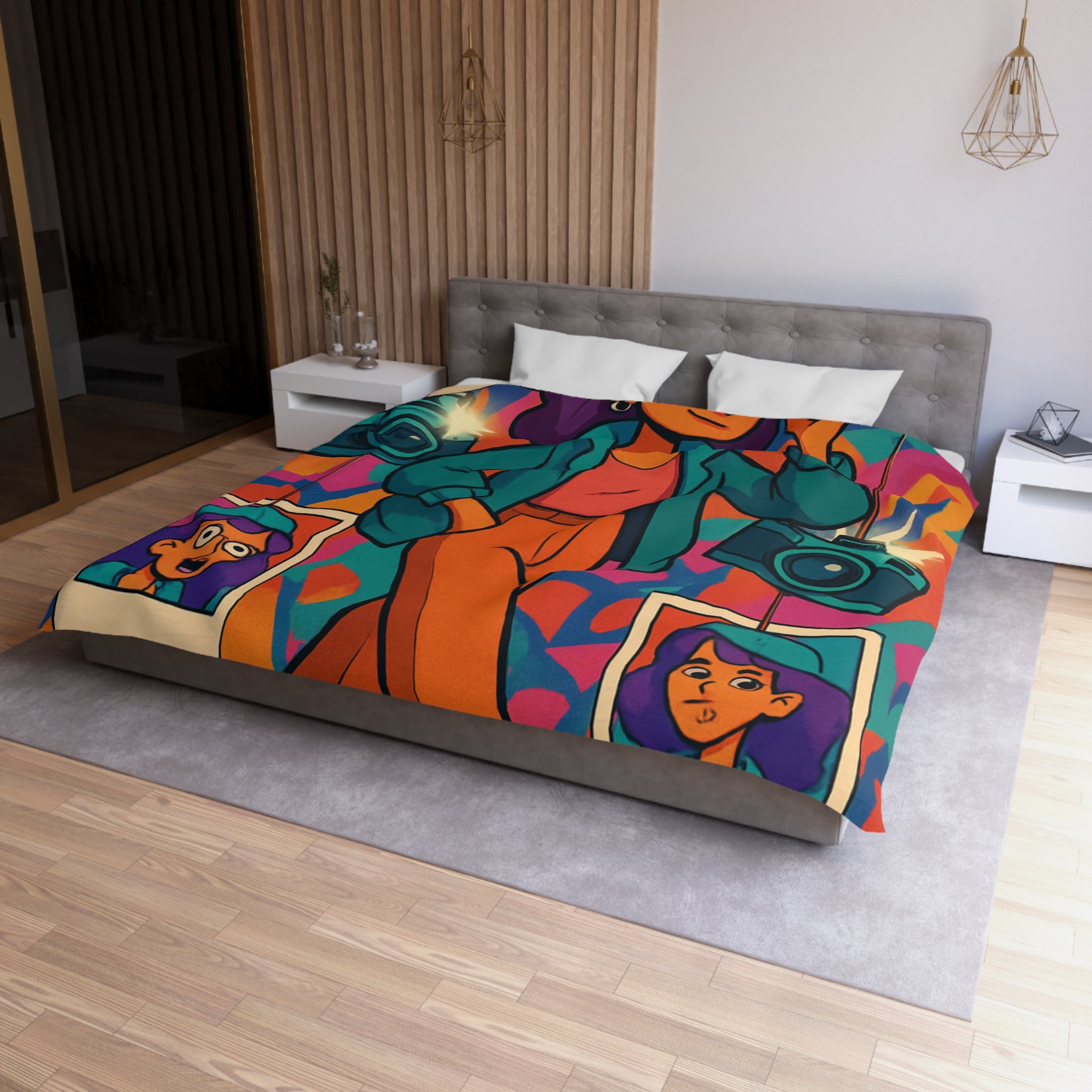 Housse de couette vivante avec personnage stylé marchant dans ambiance artistique colorée et ludique