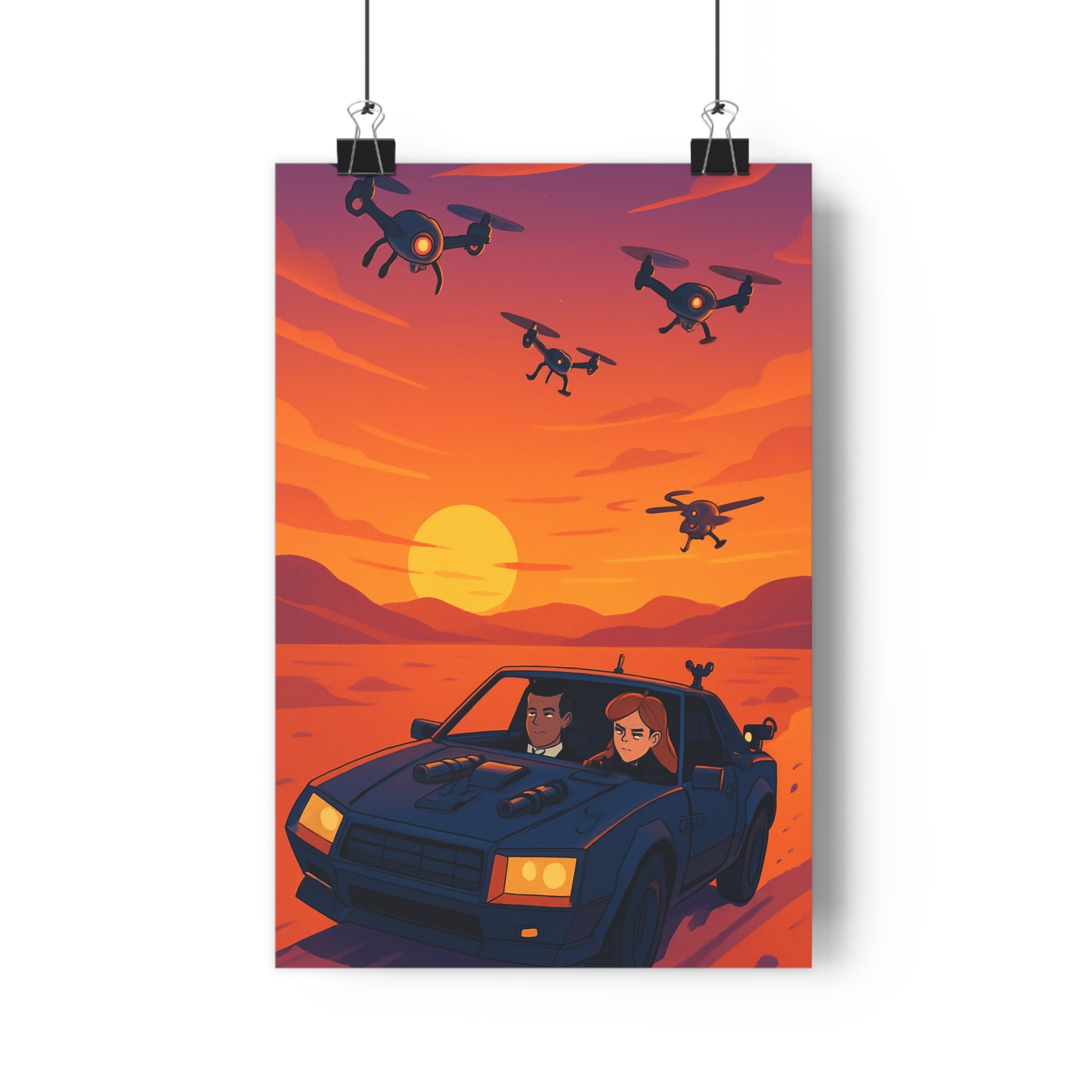 Poster décoratif dynamique futuriste aventure voiture coucher soleil chambre salon art captivant coloré qualité