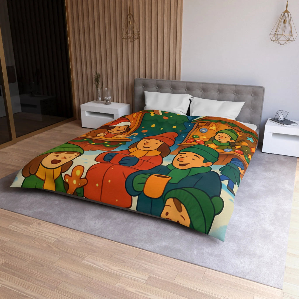 Housse de couette chaleureuse illustrant une scène festive de marché de Noël joyeux