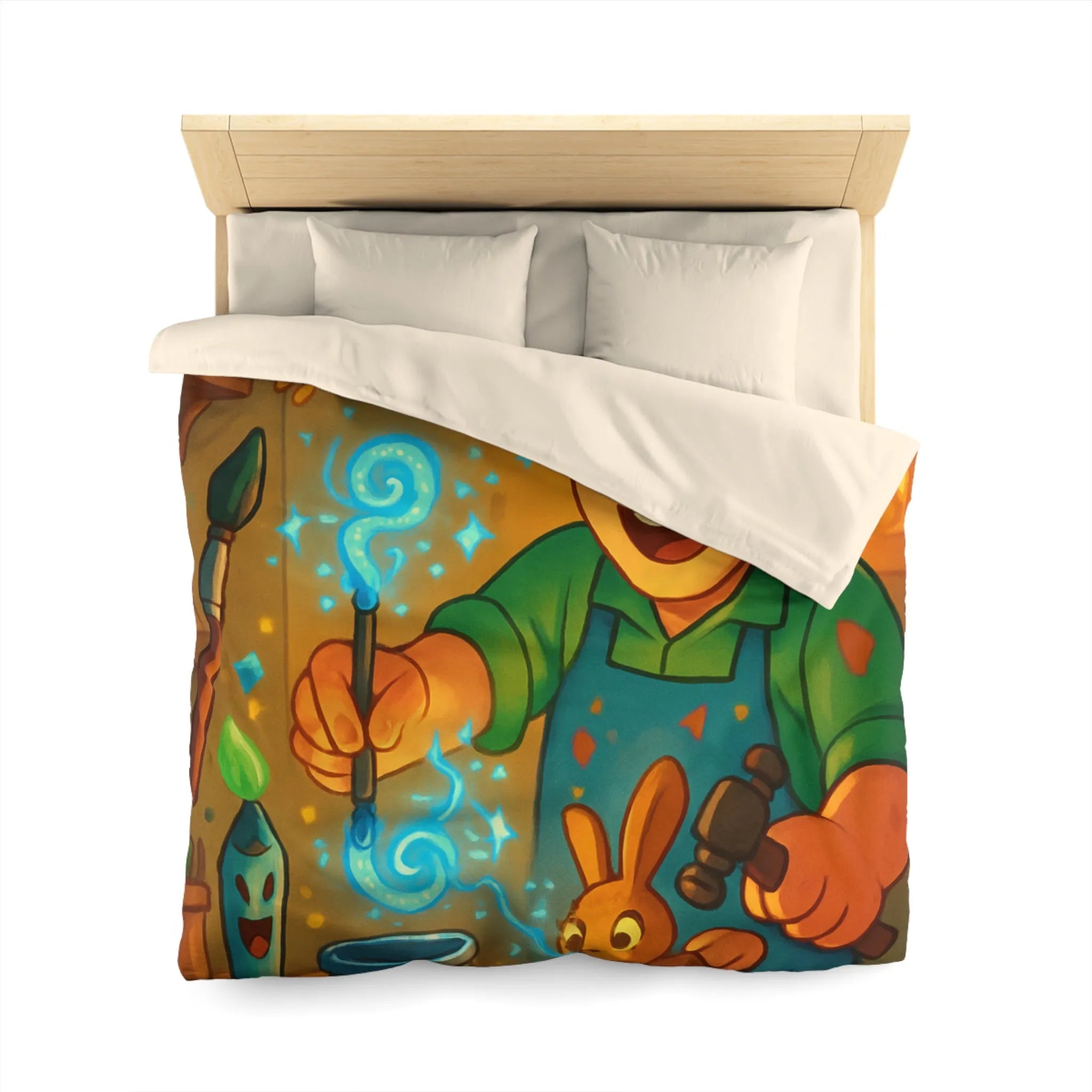 Artisan heureux sculpte figurines magiques dans atelier en bois lumineux et coloré