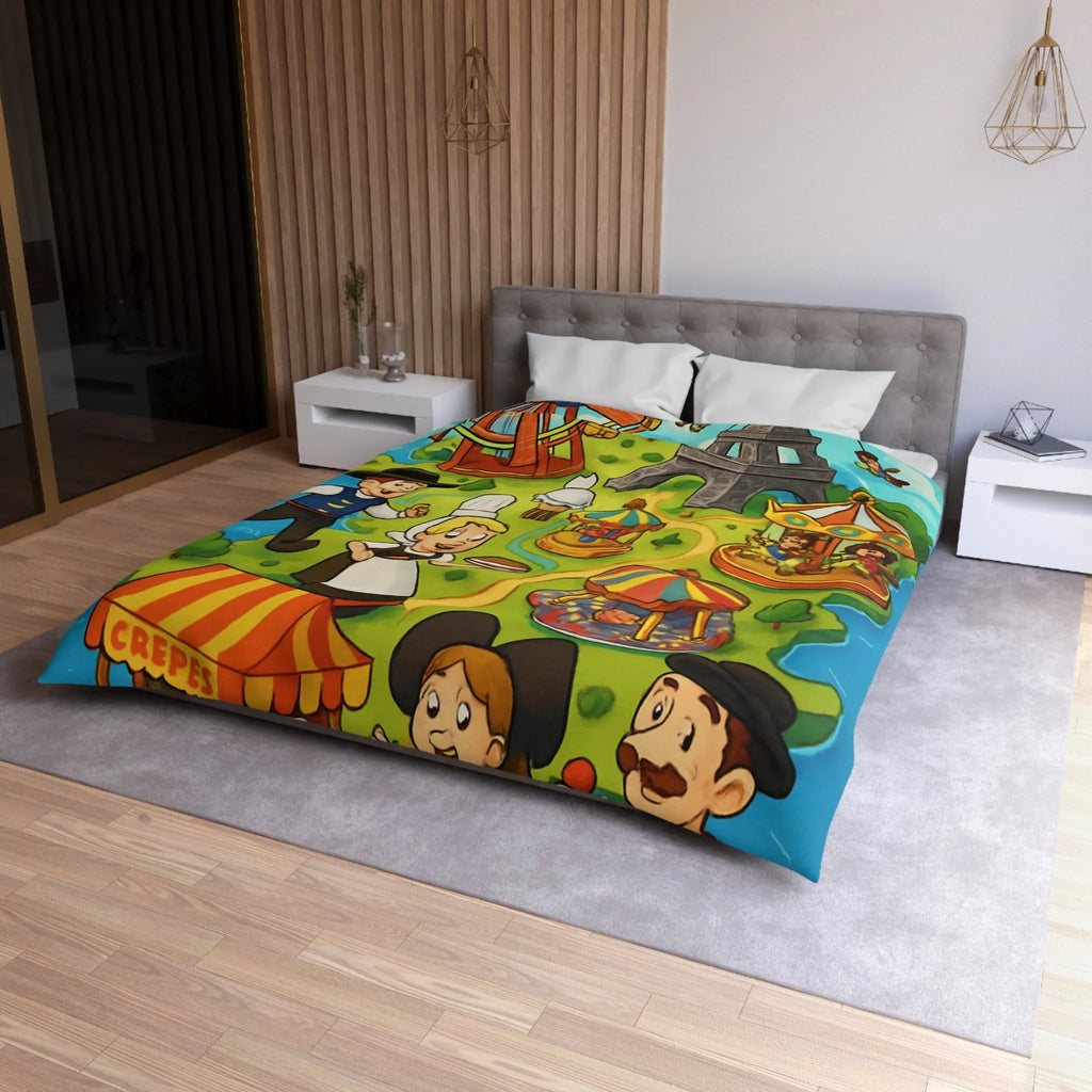 Housse de couette illustrant l'amusement et la culture française dans un parc coloré