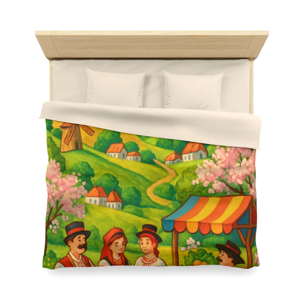 Housse de couette avec village champêtre, moulins et marché aux couleurs vives