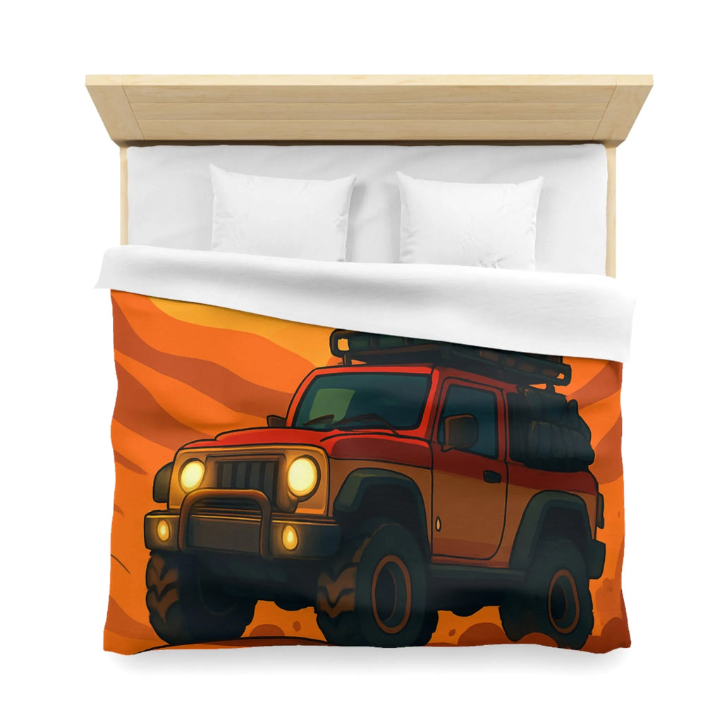Housse de couette aventure désert rouge avec 4x4 et coucher de soleil éclatant
