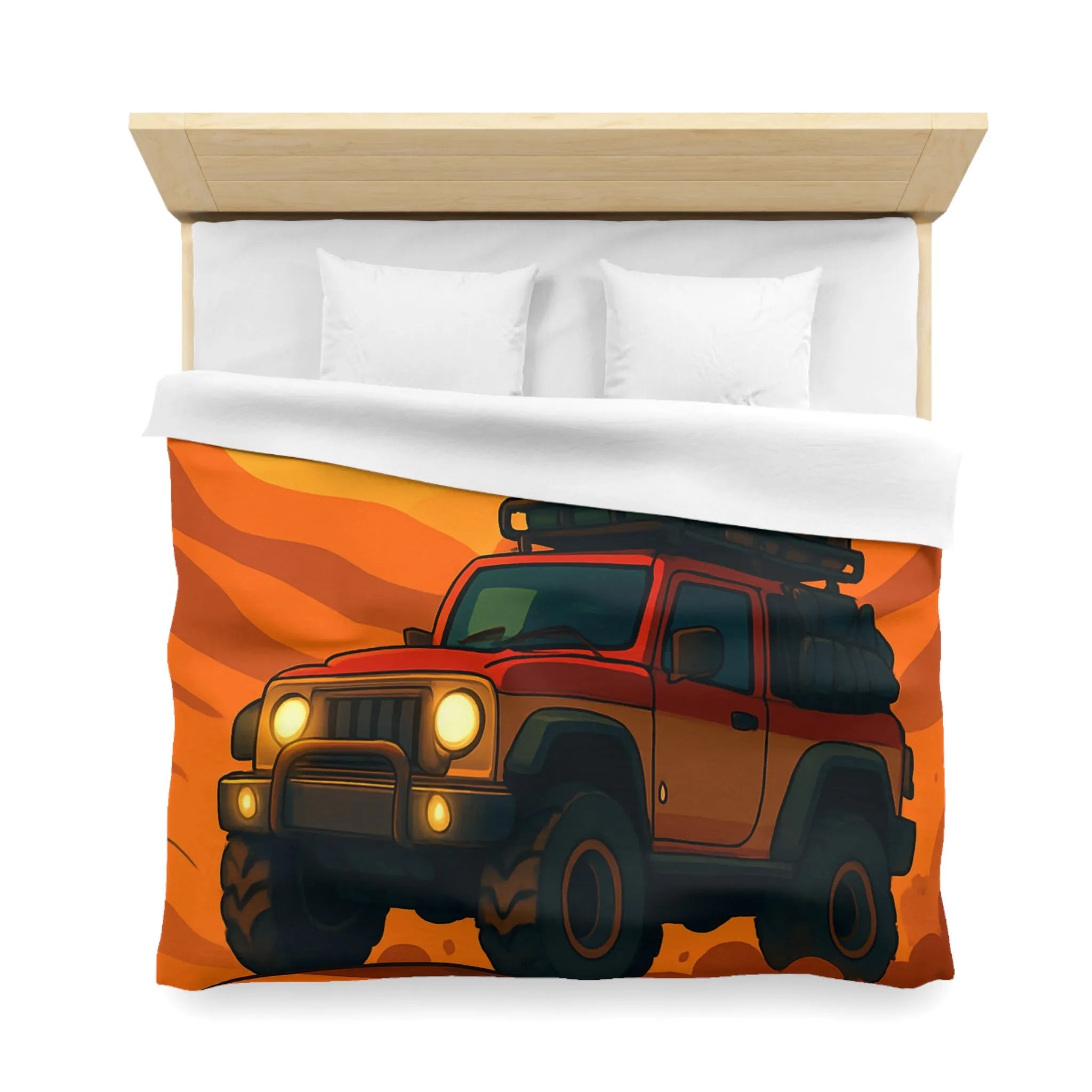Housse de couette aventure désert rouge avec 4x4 et coucher de soleil éclatant