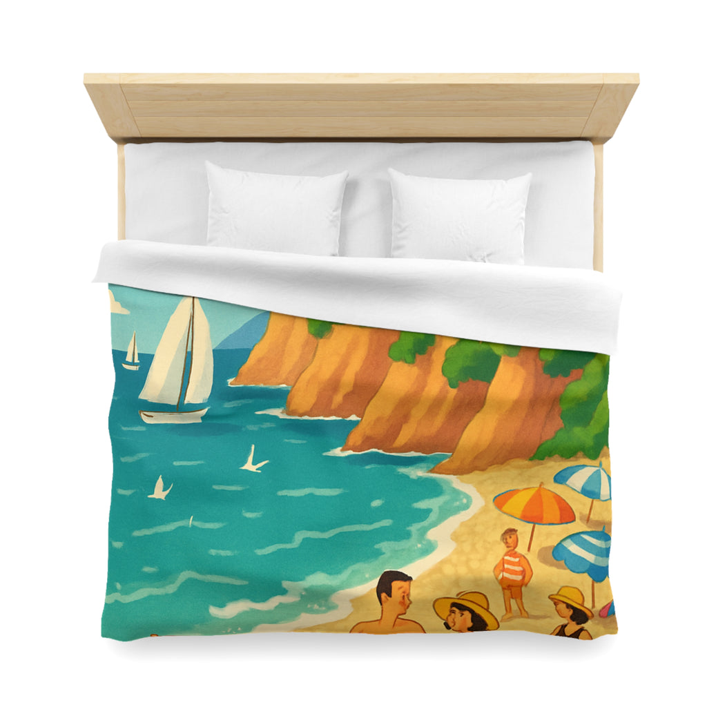 Housse de couette plage méditerranéenne avec paysages colorés et vacanciers ensoleillés