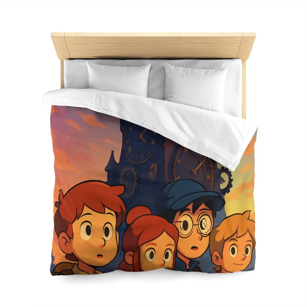 Housse de couette illustrée aventure jeunesse horloges coucher de soleil style animé vibrant