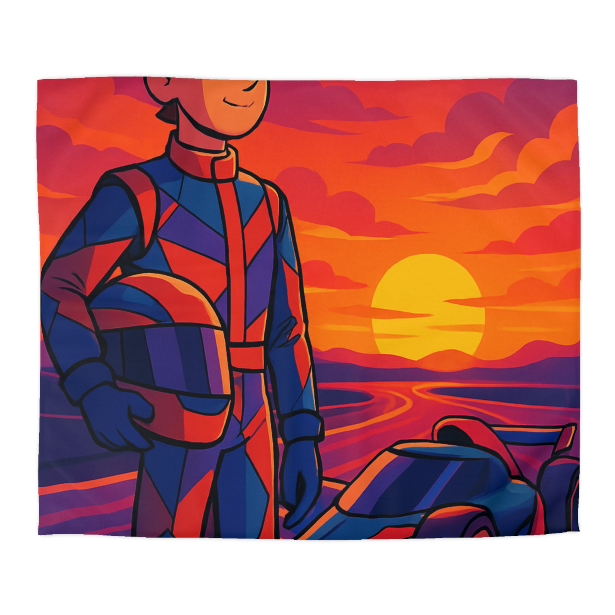 Housse de couette motif pilote de course et voiture au coucher du soleil vibrant