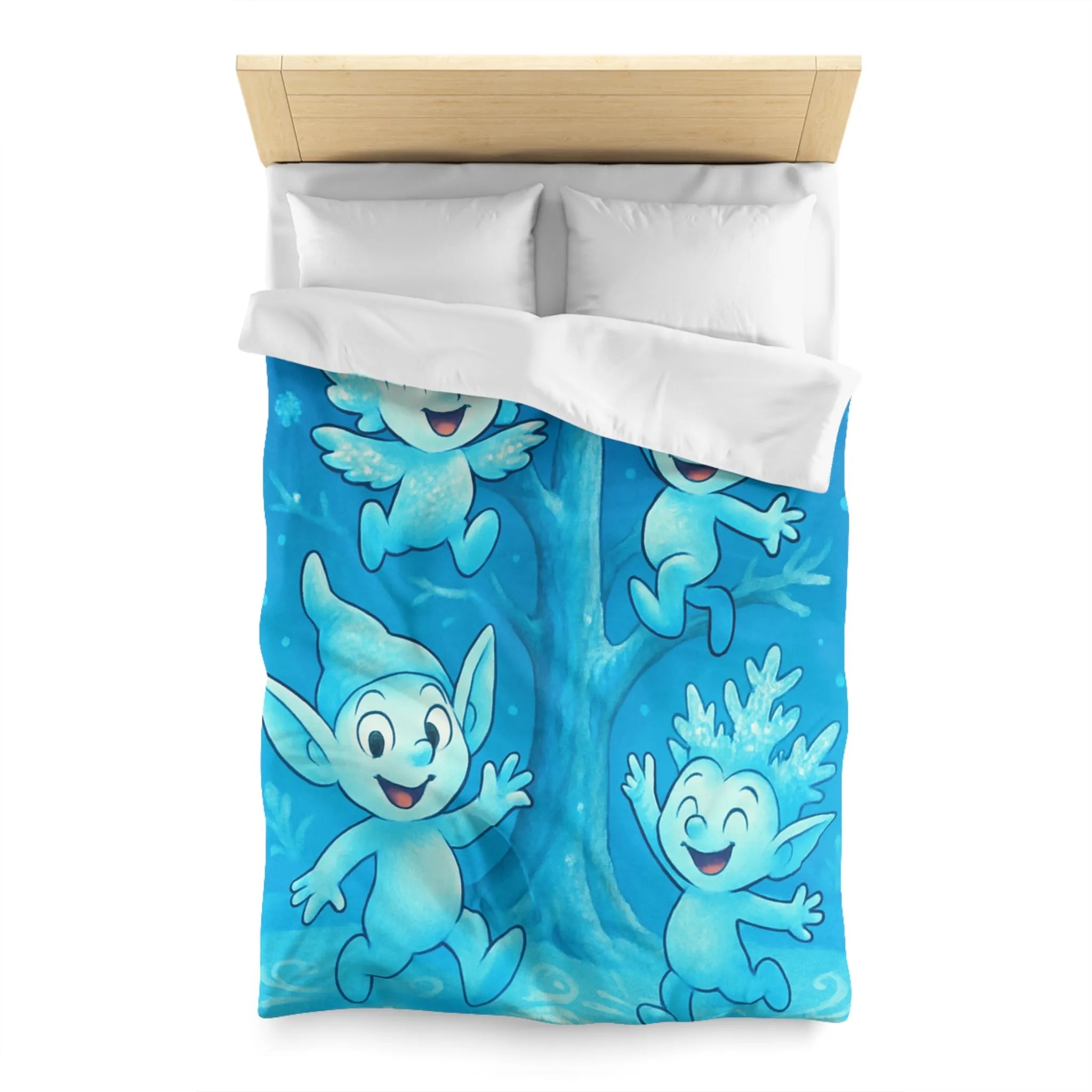 Housse de couette féerique avec lutins bleus dans forêt enchantée hivernale et magique