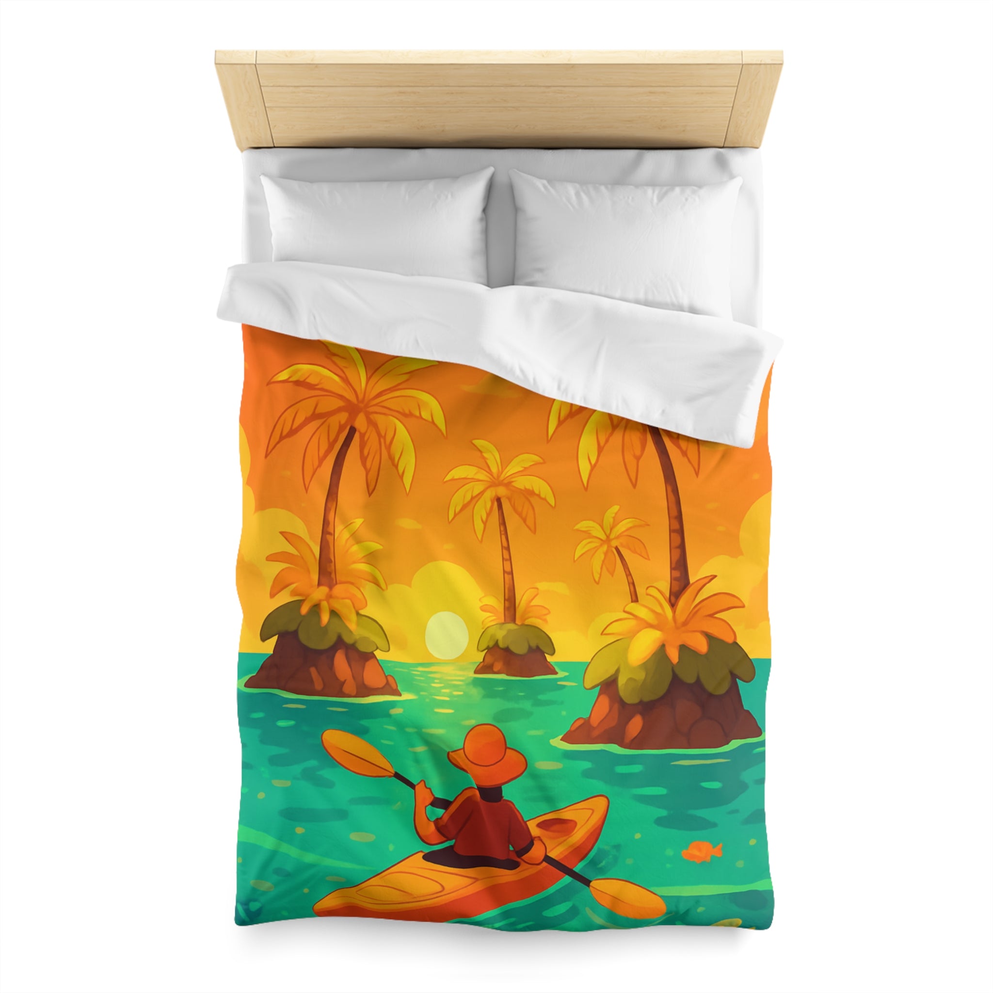 Housse de couette tropicale vibrante avec kayak, palmiers et perroquets au coucher de soleil