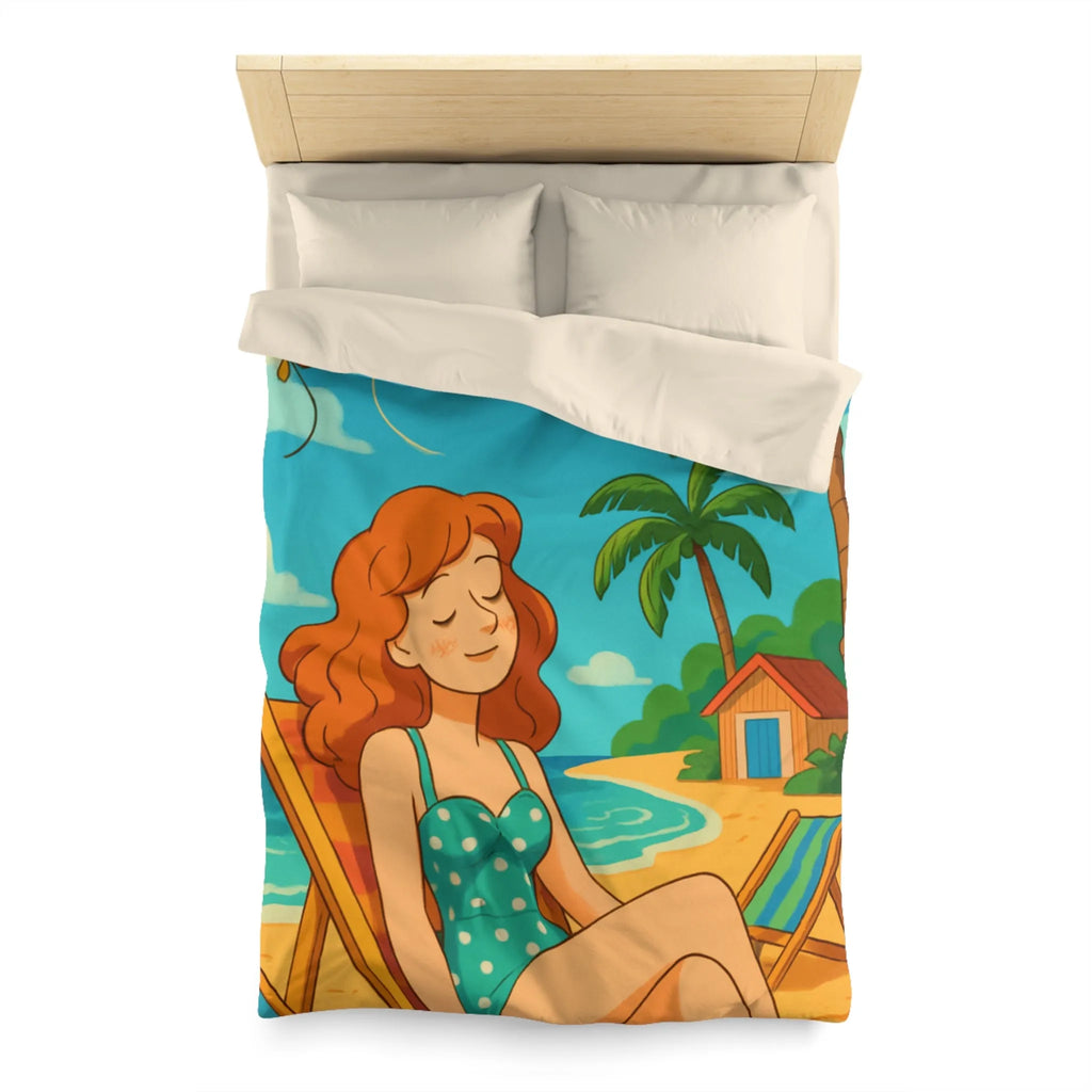 Housse de couette illustrée plage relaxante avec fille et cerf-volant coloré