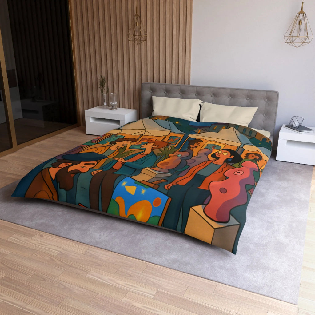 Housse de couette avec scène de marché nocturne animé et sculptures colorées