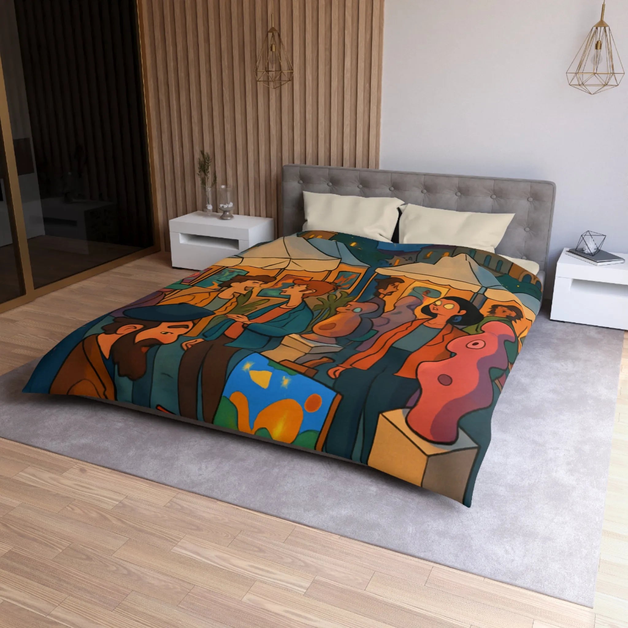 Housse de couette avec scène de marché nocturne animé et sculptures colorées